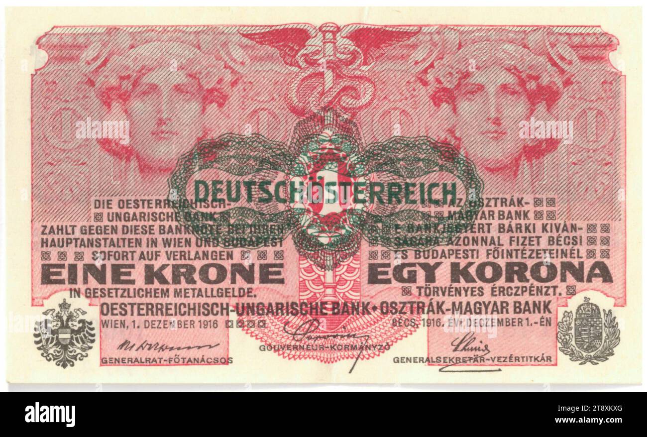 Banknote, 1 Krone, Alois Hans Schram (1864-1919), Künstler, Rudolf Rössler (1864-1934), Künstler, Rudolf Junk (1880-1943), Künstler, österreichisch-ungarische Bank, Münzbehörde, 01.12.1916, Papier, Druck, Breite 114 mm, Höhe 68 mm, Münze, Wien, Prägegebiet, Österreich, 1. Republik (1918-1933), erste Republik, Frau, Banknote, Geld, die Wiener Sammlung Stockfoto