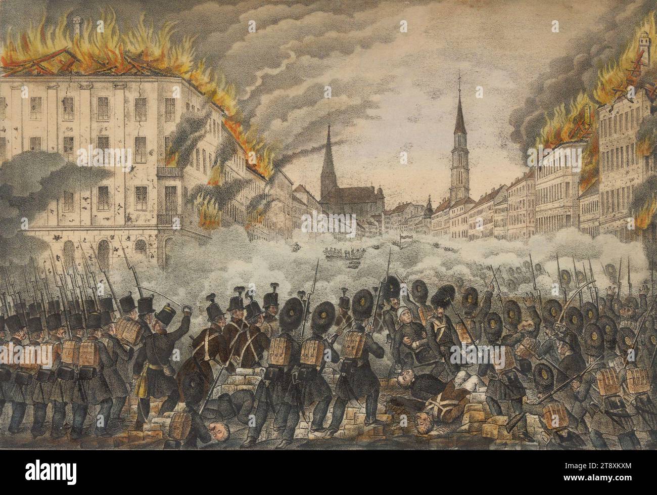 Die Schlacht in der Jägerzeile in Wien, am 28. Oktober 1848, unbekannt, 1848, Papier, farbig, Kreidelithographie, Höhe 22,6 cm, Breite 32,8 cm, Militär, Revolutionen von 1848, 1849, Bildende Künste, 2. Bezirk Leopoldstadt, Kampf, Kampf im Allgemeinen, brennend, der Soldat, das Leben des Soldaten, Die Wiener Sammlung Stockfoto