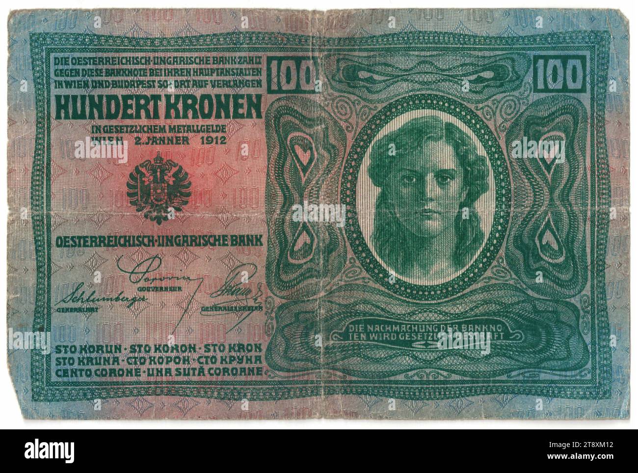 Banknote, 100 Kronen, Österreichisch-Ungarische Bank, Münzanstalt, Josef Pfeiffer (1864-1915), Künstler, 02.01.1912, Papier, Druck, Breite 164 mm, Höhe 108 mm, Münzstätte, Wien, Münzgebiet, Österreich, 1. Republik (1918-1933), erste Republik, Finanzen, Frau, Banknote, Geld, Die Wiener Sammlung Stockfoto