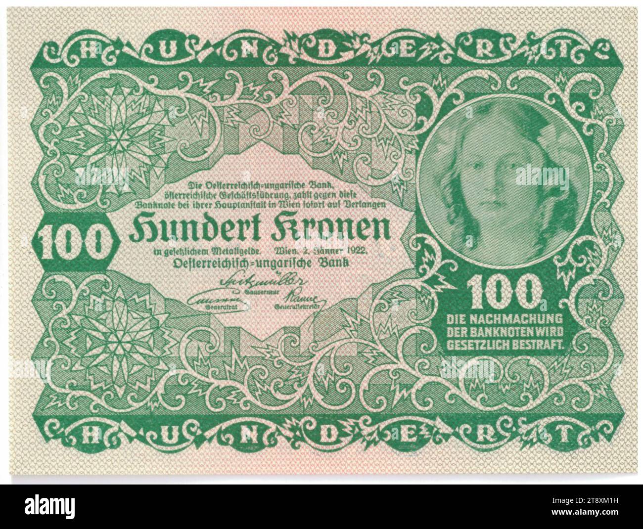 Banknote, 100 Kronen, Rudolf Rössler (1864-1934), Künstler, Rudolf Junk (1880-1943), Künstler, Österreichisch-Ungarische Bank of Austrian Management, Münzbehörde, 02.01.1922, Papier, Druck, Höhe 80 mm, Breite 107 mm, Münzstätte Wien, Prägegebiet, Österreich, 1. Republik (1918-1933), die erste Republik, Finanzen, Frau, Banknote, Geld, Die Wiener Sammlung Stockfoto