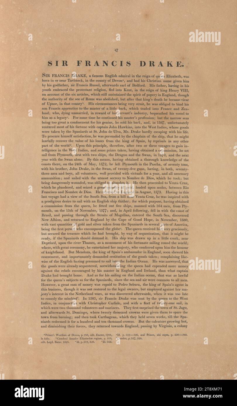 Biografie Sir Francis Drake (aus "The Heads of illustrous Persons of Great Britain"), Unknown, 1813, Paper, Letterpress, Höhe 49,9 cm, Breite 32,4 cm, Aristokratie, Nachlass von Constantin von Wurzbach, Biographie (Text), Sammlung Wien Stockfoto