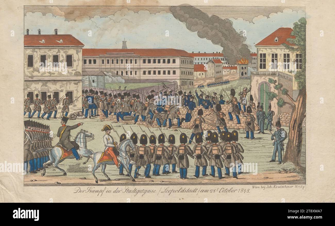 Der Kampf in der Stadtgutgasse, Leopoldstadt, am 28. Oktober 1848', Johann Kratschmer, Verlag, 1848, Paper, farbig, farbig, Holzstich, Holzstich, Höhe 22 cm, Breite 34 cm, Bildende Kunst, Militär, Umdrehungen von 1848, 1849, 2. Bezirk: Leopoldstadt, Straßensperren, Barrieren, Kampf, Kämpfe im Allgemeinen, Feuer, die Wiener Sammlung Stockfoto