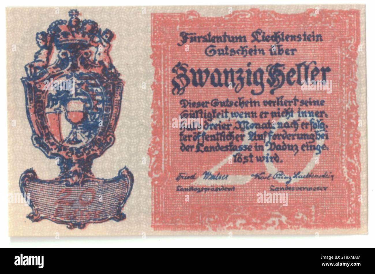 Gutschein, 20 Heller, Fürstentum Liechtenstein, Münzamt, 1919, Papier, bedruckt, Höhe 45 mm, Breite 70 mm, mintfarben, Liechtenstein, Münzgebiet, Österreich, 1. Republik (1918-1933), Finanzen, 1. Weltkrieg, Münze, Wappen (als Staatssymbol usw.), Sammlung Wien Stockfoto