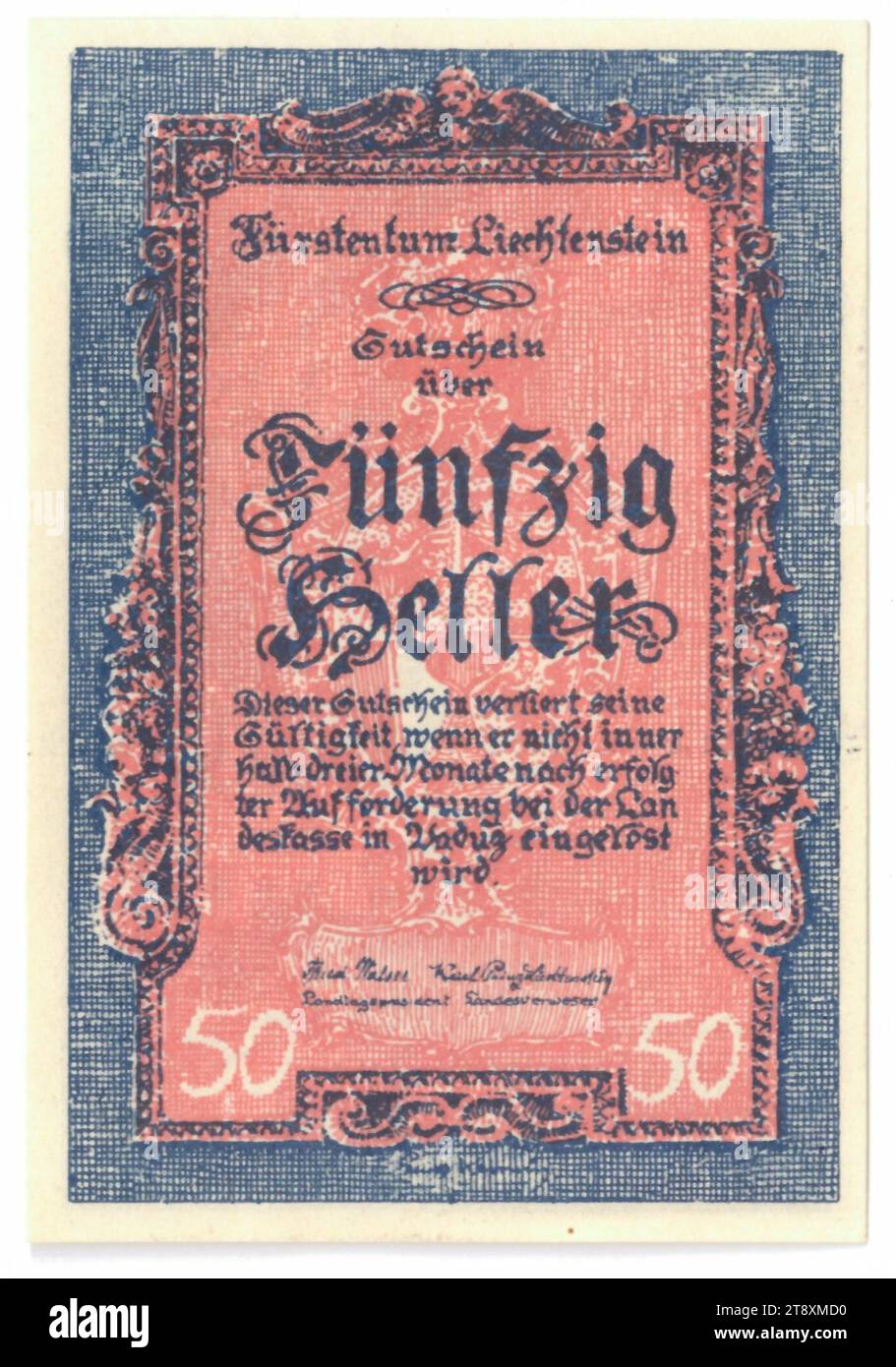 Gutschein, 50 Heller, Fürstentum Liechtenstein, Münzamt, 1919, Papier, bedruckt, Höhe 80 mm, Breite 55 mm, Münze, Liechtenstein, Münzgebiet, Österreich, 1. Republik (1918-1933), Finanzen, 1. Weltkrieg, Wertzeichen, private Münze, die Wiener Sammlung Stockfoto