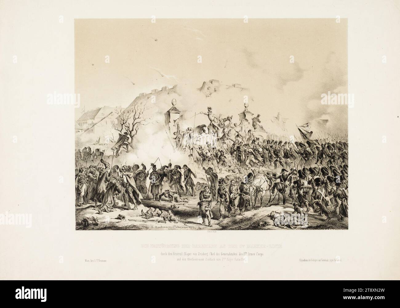 DER STURM AUF DIE BARRIKADE IN ST. MARXER-LINIE, von Generalmajor von Zeisberg. Chef des Generalstabs des 1. Armeekorps und Oberleutnant Ziullach des 5. Jäger-Bataillons. (Am 28. Oktober 1848), B. Bachmann-Hohmann, Lithograph Johann Rauh (1803-1863), Drucker, Leopold Theodor Neumann (1804-1876), Verlag, 1849, Papier, Kreidelithographie, Höhe 44,8 cm, Breite 60,4 cm, Bildende Kunst, Umdrehungen von 1848, 1849, Militär, Hindernisse auf der Straße, Barrieren, Kämpfe, Kämpfe im Allgemeinen, der Soldat, das Leben des Soldaten, Linien, Linienbüros Stockfoto