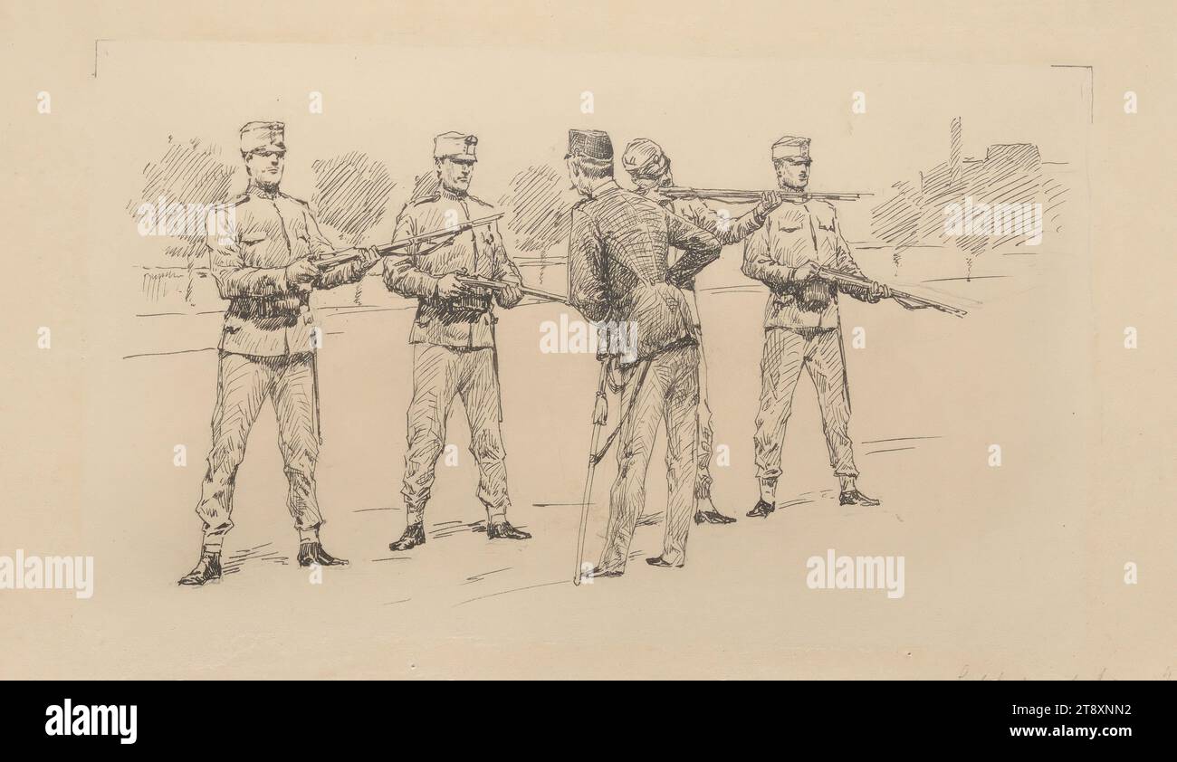 Anschlag-Uebungen', Felician von Myrbach-Rheinfeld (1853-1940), Künstler, 1895, Karton, Stift in schwarz, Höhe 15,8 cm, Breite 24,9 cm, Militär, der Soldat; das Leben des Soldaten, die Wiener Sammlung Stockfoto