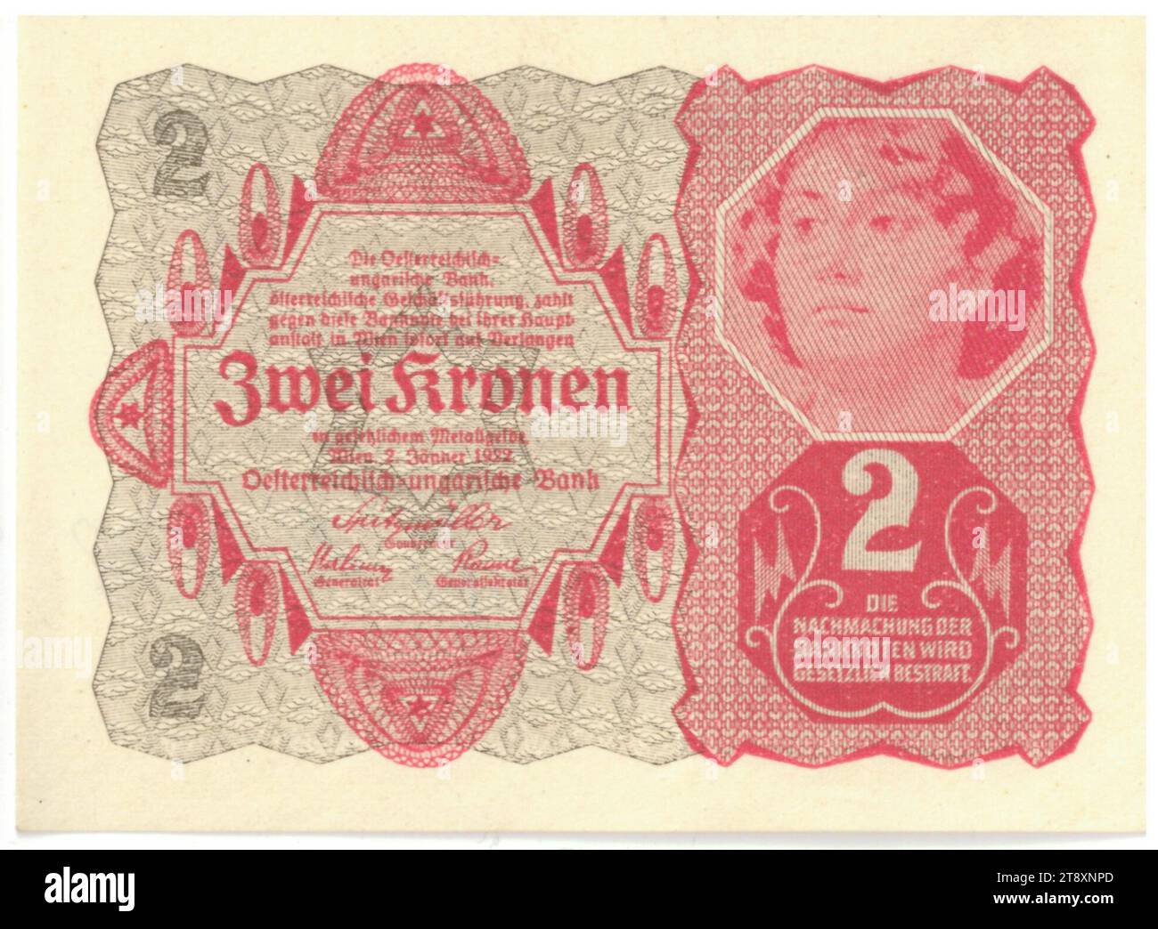 Banknote, 2 Kronen, Rudolf Rössler (1864-1934), Künstler, Rudolf Junk (1880-1943), Künstler, Österreichisch-Ungarische Bank Austrian Management, Münzbehörde, 02.01.1922, Papier, Druck, Höhe 61 mm, Breite 82 mm, Münzstätte, Wien, Münzgebiet, Österreich, 1. Republik (1918-1933), die erste Republik, Finanzen, Frau, Banknote, Geld, Die Wiener Sammlung Stockfoto