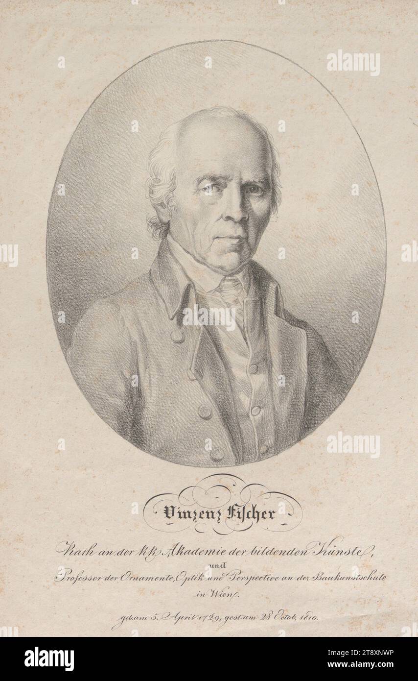 Vinzenz Fischer, Rath an der k. k. Akademie der bildenden Künste, Professor für Ornamente, Optik und Perspektive an der Baukunstschule in Wien', Unknown, Date After 1810, Paper, Lithograph, Höhe 33,3 cm, Breite 22,4 cm, Bildende Kunst, Nachlass von Constantin von Wurzbach, Porträt, Mann, Sammlung Wien Stockfoto