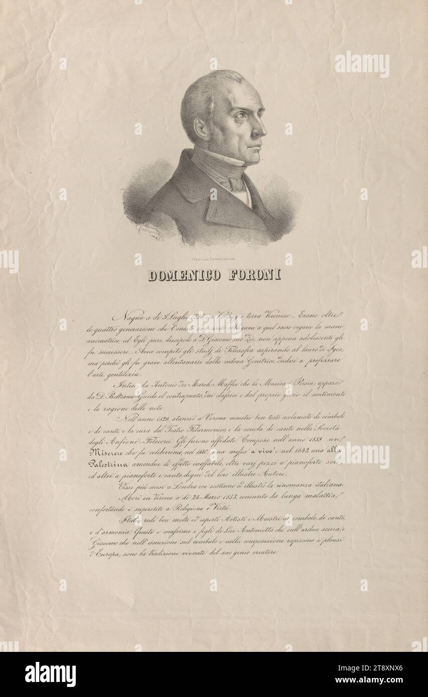 Domenico Foroni, Komponist, unbekannt, 1853, Papier, Lithografie, Höhe 50, 5 cm, Breite 34, 5 cm, bildende Kunst, Musik, Nachlass von Constantin von Wurzbach, Porträt, Komponist, Mensch, Biografie (Text), Musiker aus der Wiener Sammlung Stockfoto