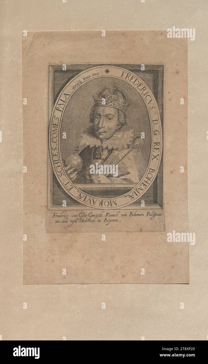 FREDERICUS D. G. REX BOHEMIAE MORAVIE ET SCHLES. KOMMT PALA (...); Frederico van Gods Genaede. Koninck van Bohemen. Palsgrafe (...)", Unbekannt, Datum vor 1632, Papier, Kupferstich, Höhe 39, 4 cm, Breite 24, 8 cm, Plattengröße 18, 3 x 12, 7 cm, Bildende Kunst, Adel, Nachlass Constantin von Wurzbach, Porträt, Herrscher, Herrscher, Mann, Abzeichen und Symbole der Souveränität (Krone, Diadem, Zepter, Kugel, Siegel, Standard, Mantel, Pektoral), die Wiener Sammlung Stockfoto