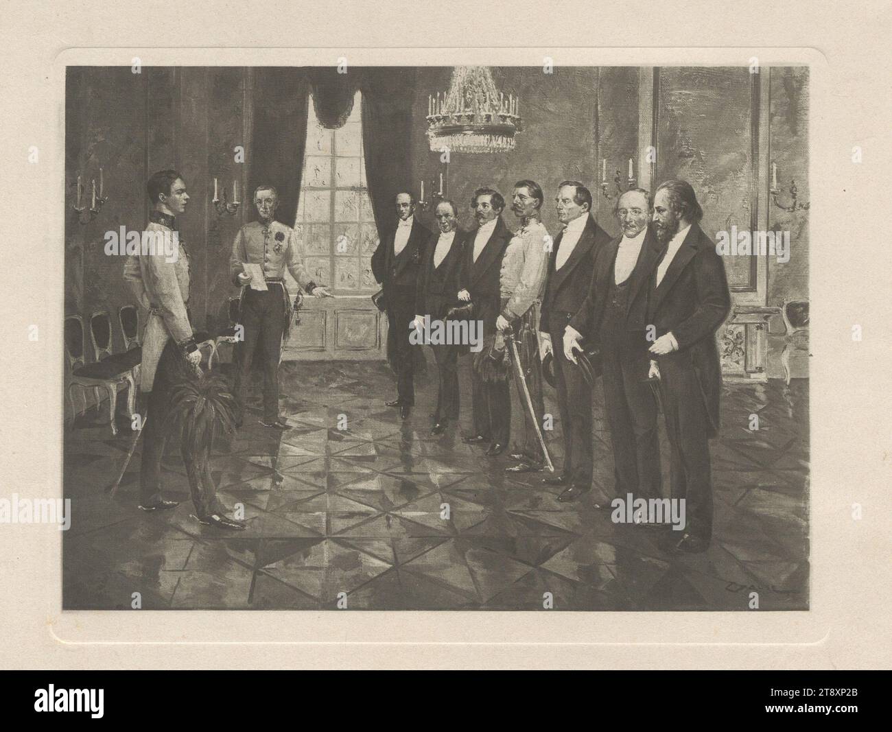 Kaiser Franz Joseph I. von Österreich erhält das neue Ministerium in Olmütz' (nach dem Beitritt am 2. Dezember 1848): Ministerpräsident und Außenminister Felix Fürst zu Schwarzenberg überreicht das Kabinett dem Kaiser, darunter Franz Graf von Stadion (Inneres), Philipp FRH. Von Krauß (Finanzen), Alexander Bach (Justiz), Karl Ludwig Bruck (Handel), Datum ca. 1890-1900, Papier, Kollotypie, Höhe 24,8 cm, Breite 31,8 cm, Umdrehungen von 1848, 1849, Politik, Habsburger, minister  Regierung, König; Kaiser, Herrscher, Souverän, Die Wiener Sammlung Stockfoto