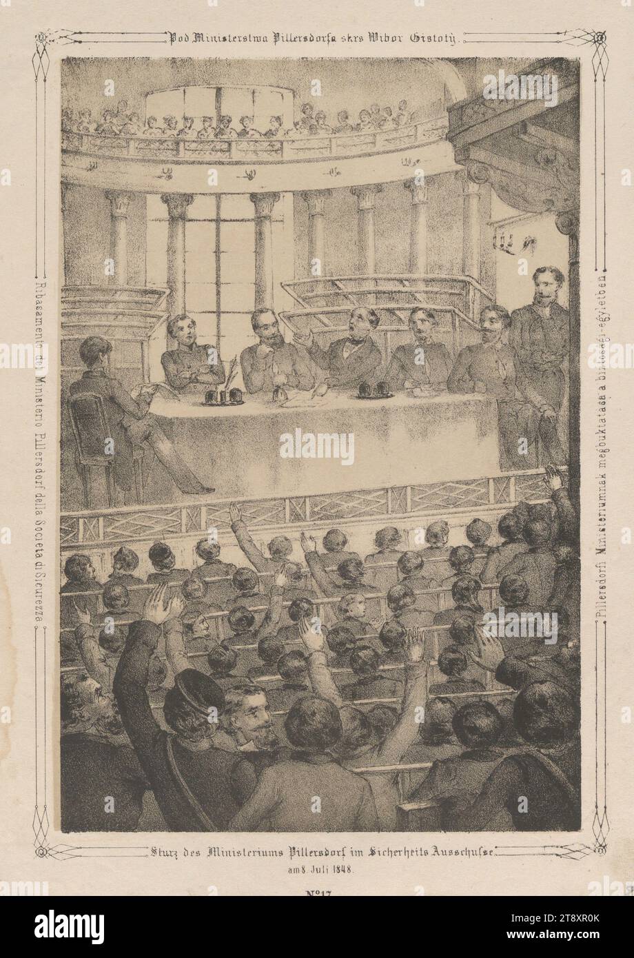 Sturz des Pillersdorfer Ministeriums im Sicherheitsausschuss am 8. Juli 1848." (Nr. 17 aus: "Vaterländische Bilder-Chronik aus der Geschichte des österreichischen Kaiserstaates ..."), 1849, Papier, Kreidelithographie, Höhe 27,5 cm, Breite 20 cm, Umdrehungen von 1848, 1849, Politik, Bildende Kunst, minister  Regierung, Wiener Sammlung Stockfoto