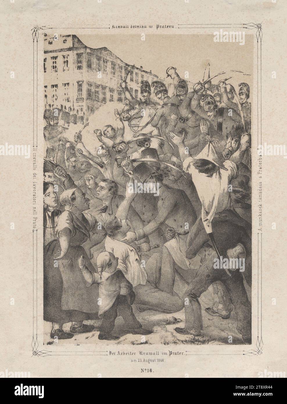 Der Arbeiteraufstand im Prater am 23. August 1848." (Nr. 18 aus: "Vaterländische Bilder-Chronik aus der Geschichte des österreichischen Kaiserstaates ..."), 1849, Papier, Kreidelithographie, Höhe 29,1 cm, Breite 22,4 cm, Arbeiter, Militär, Prater, Umdrehungen von 1848, 1849, 2. Bezirk: Leopoldstadt, Schlacht, Kämpfe im Allgemeinen, Sammlung Wien Stockfoto