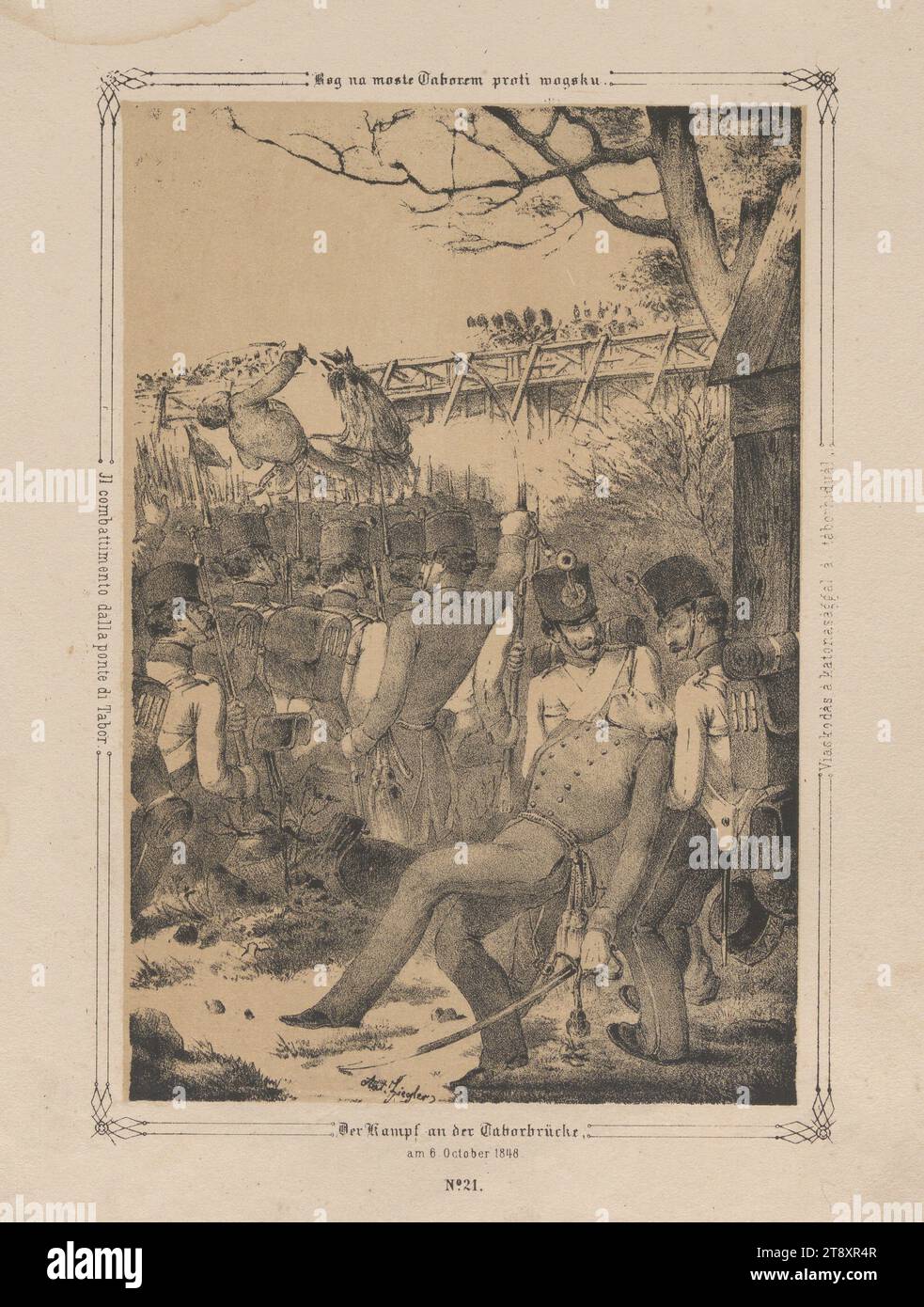 Der Kampf an der Tabor-Brücke am 6. Oktober 1848. (Nr. 21 aus: "Vaterländische Bilder-Chronik aus der Geschichte des österreichischen Kaiserstaates ..."), 1849, Papier, Kreidelithographie, Höhe 29,4 cm, Breite 22,5 cm, Umdrehungen von 1848, 1849, Militär, Bildende Kunst, 2. Bezirk: Leopoldstadt, Brücke, Schlacht, Schlacht im Allgemeinen, der Soldat; das Leben des Soldaten. die Wiener Sammlung Stockfoto