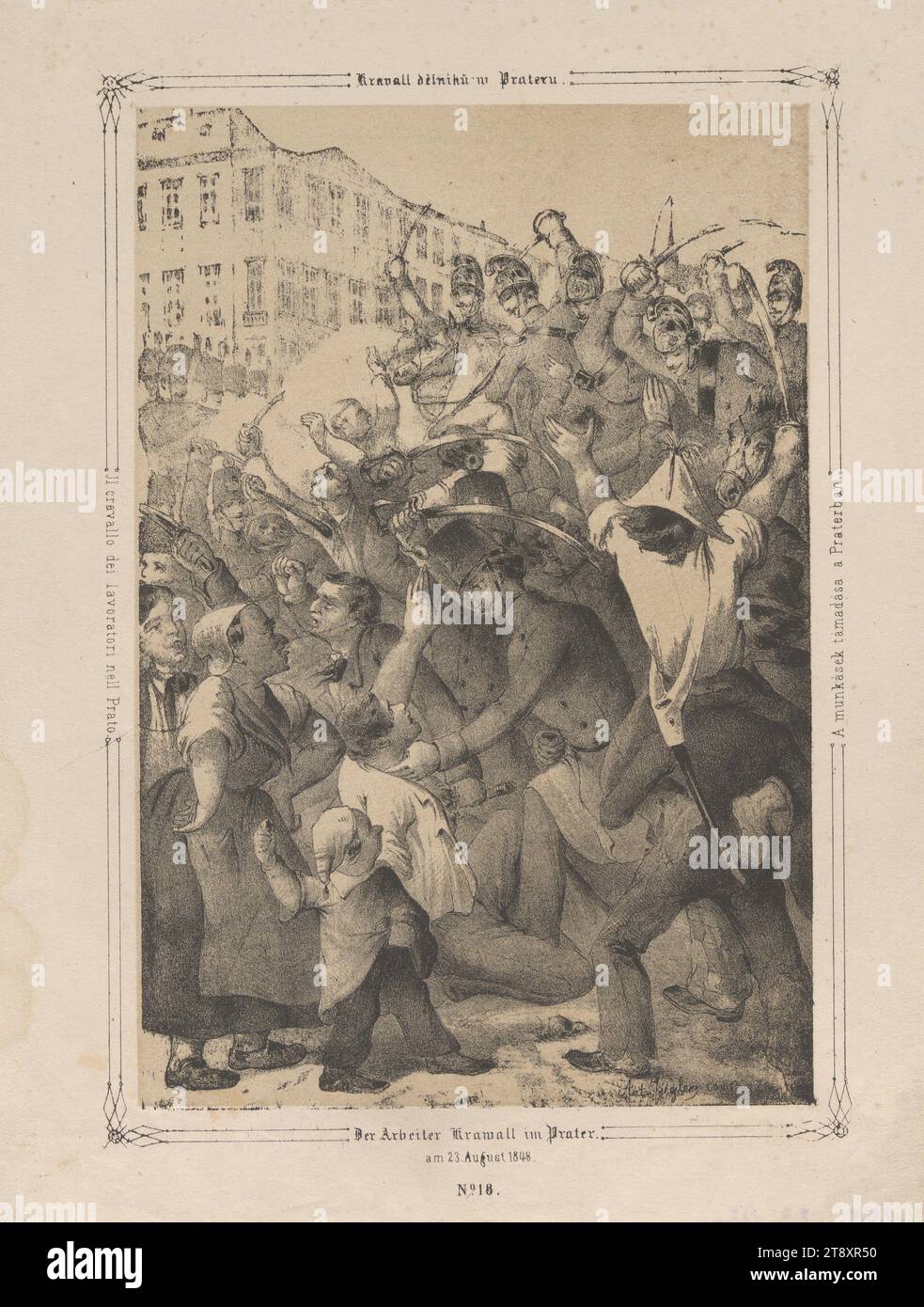 Der Arbeiteraufstand im Prater am 23. August 1848." (Nr. 18 aus: "Vaterländische Bilder-Chronik aus der Geschichte des österreichischen Kaiserstaates ..."), 1849, Papier, Kreidelithographie, Höhe 28,8 cm, Breite 22,7 cm, Arbeiter, Militär, Prater, Umdrehungen von 1848, 1849, 2. Bezirk: Leopoldstadt, Schlacht, Kämpfe im Allgemeinen, Sammlung Wien Stockfoto