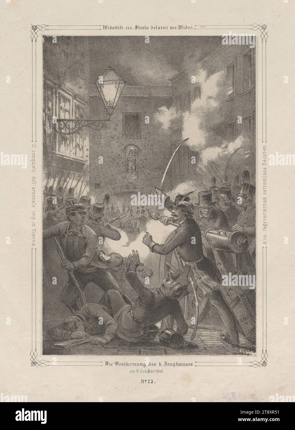 Der Sturm auf die k.-waffenkammer am 6. Oktober 1848. (Nr. 23 aus: "Vaterländische Bilder-Chronik aus der Geschichte des österreichischen Kaiserstaates ..."), 1849, Papier, Kreidelithographie, Höhe 29,2 cm, Breite 22,2 cm, Bildende Kunst, Militär, Umdrehungen von 1848, 1849, 1. Bezirk: Innenstadt, Schlacht, Schlachten im Allgemeinen, Madonna: d.h. Maria mit dem Christuskind, der Soldat; das Leben des Soldaten., die Wiener Sammlung Stockfoto