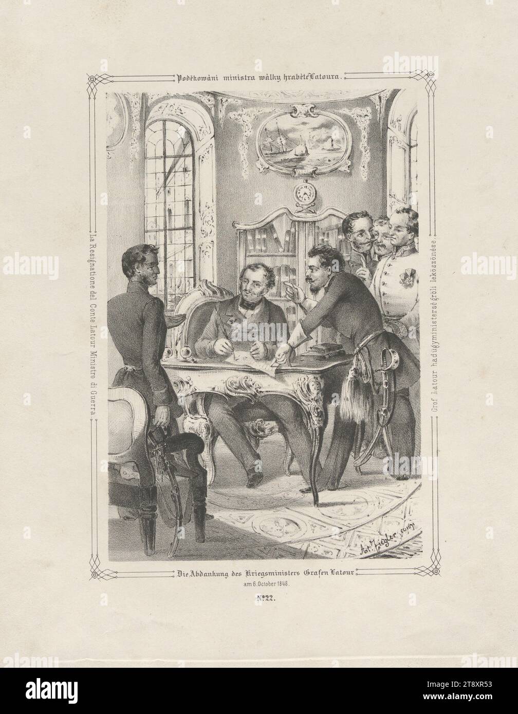 Die Abdankung des Kriegsministers Graf Latour am 6. Oktober 1848. (Nr. 22 aus: "Vaterländische Bilder-Chronik aus der Geschichte des österreichischen Kaiserstaates ..."), 1849, Papier, Kreidelithographie, Höhe 35 cm, Breite 27 cm, Revolutionen von 1848, 1849, Bildende Kunst, 1. Bezirk: Innenstadt, Bürgerarchitektur; Gebäude; Wohnungen - AA - Bürgerarchitektur: Innenraum, Minister  Regierung, Innenraum  Darstellung eines Gebäudes., Wiener Sammlung Stockfoto