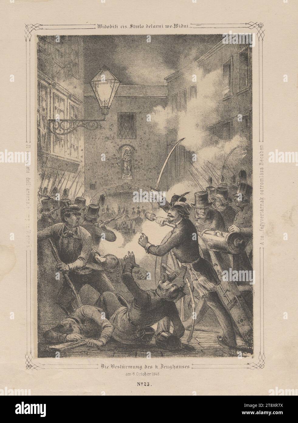 Der Sturm auf die k.-waffenkammer am 6. Oktober 1848. (Nr. 23 aus: "Vaterländische Bilder-Chronik aus der Geschichte des österreichischen Kaiserstaates ..."), 1849, Papier, Kreidelithographie, Höhe 29,2 cm, Breite 22,2 cm, Bildende Kunst, Militär, Umdrehungen von 1848, 1849, 1. Bezirk: Innenstadt, Schlacht, Kampf im Allgemeinen, Madonna: d.h. Maria mit dem Christuskind, der Soldat; das Leben des Soldaten, die Sammlung Wien Stockfoto