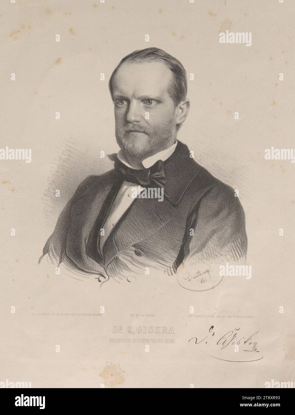 Dr. C. GISKRA; REICHSRATHS ABGEORDNETER FÜR BRÜNN', Adolf Dauthage (1825-1883), Lithograph, Adolf Dauthage (1825-1883), Herausgeber, Joseph Stoufs, Drucker, 1861, Papier, Lithografie, Höhe 35,5 cm, Breite 27,7 cm, Bildende Kunst, Politik, Nachlass von Constantin von Wurzbach, Porträt, Mann, Politiker, Abgeordnete, Carl Giskra, Die Wiener Sammlung Stockfoto