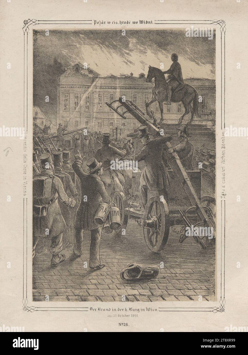 Der Brand in der k. Burg in Wien am 31. Oktober 1848." (Nr. 26 aus: "Vaterländische Bilder-Chronik aus der Geschichte des österreichischen Kaiserstaates ..."), 1849, Papier, Kreidelithographie, Höhe 29 cm, Breite 22, 4 cm, Bildende Kunst, Umdrehungen von 1848, 1849, 1. Bezirk: Innenstadt, Feuer, Brandwache, Feuerwehr, Sammlung Wien Stockfoto