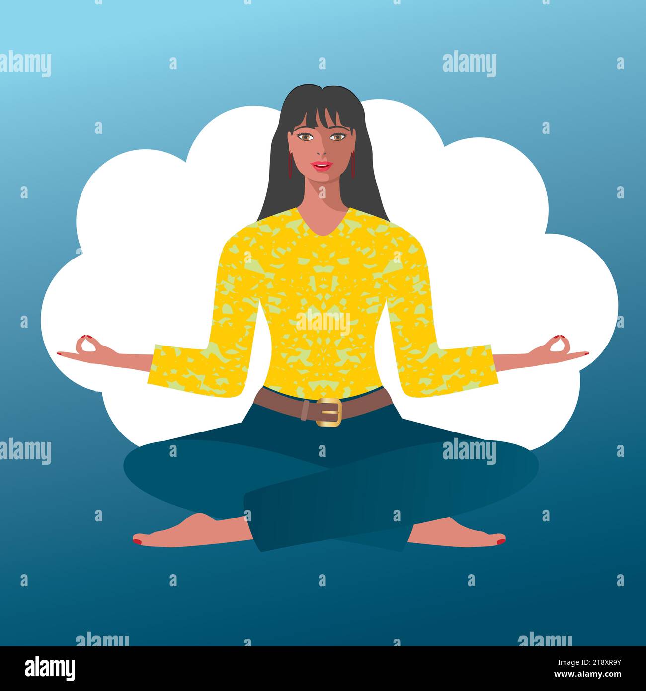 Frau in Yoga-Position, die versucht, sich auf ihrer eigenen Wolke zu entspannen. Quadratische Zusammensetzung. Vektorabbildung. Stock Vektor