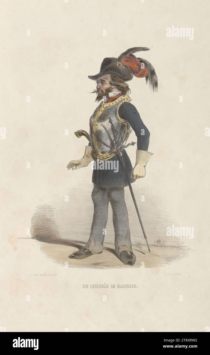 EIN LEGIONÄR IM HARNISCH." (Aus der Reihe "ERINNERUNGS=BILDER, aus, WIENS OCTOBER-TAGE 1848, VON, A. ZAMPIS."), Anton Zampis (1820-1883), Lithograph, Johann Höfelich (1796-1849), Drucker, A. O. Witzendorf, Verlag, 1848, Aquarell, Malerei, Kreide-Lithographie, Höhe 49,9 cm, Breite 33,7 cm, Umdrehungen von 1848, 1849, Bildende Kunst, Mann, der Soldat, das Leben des Soldaten, die Wiener Sammlung Stockfoto