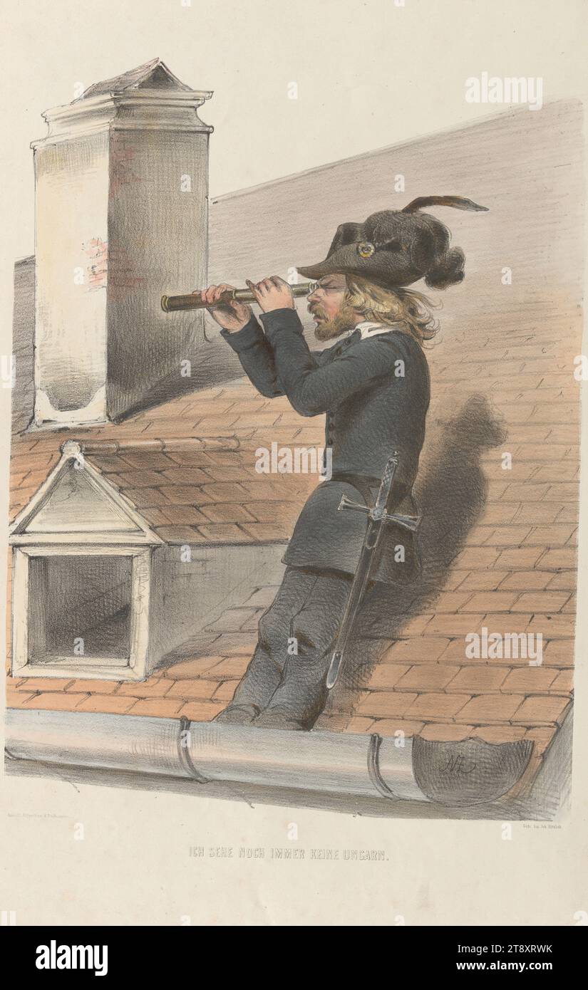 ICH SEHE IMMER NOCH KEINE UNGARN." ( Aus der Serie 'REMEMBER=PICTURES, from, VIENNA's OCTOBER DAYS, BY, A. ZAMPIS.'), Anton Zampis (1820-1883), Lithograph, Johann Höfelich (1796-1849), Drucker, A. O. Witzendorf, Verlag, 1848, Aquarell, Malerei, Kreide-Lithographie, Höhe 49,7 cm, Breite 33,2 cm, Umdrehungen von 1848, 1849, Bildende Kunst, der Mensch, die Wiener Sammlung Stockfoto