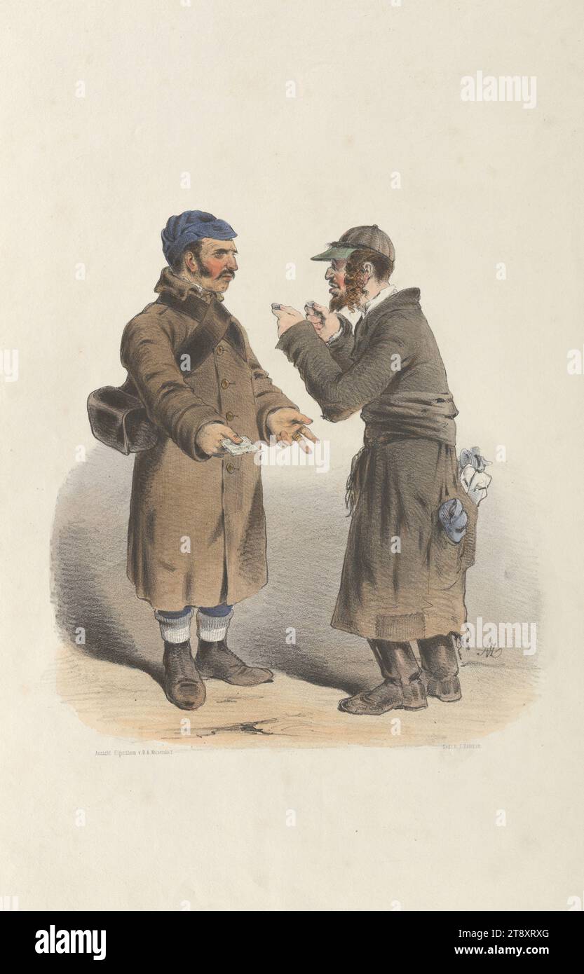 Untitled (Moneychanger) (aus der Serie 'REMEMBER=PICTURES, from, WIENS OCTOBER DAYS 1848, BY, A. ZAMPIS.'), Anton Zampis (1820-1883), Lithograph, Johann Höfelich (1796-1849), Drucker, A. O. Witzendorf, Verlag, 1848 Papier, farbig, Kreidelithographie, Höhe 49,4 cm, Breite 33,7 cm, Revolutionen von 1848, 1849, Bildende Kunst, Mensch, Sammlung Wien Stockfoto