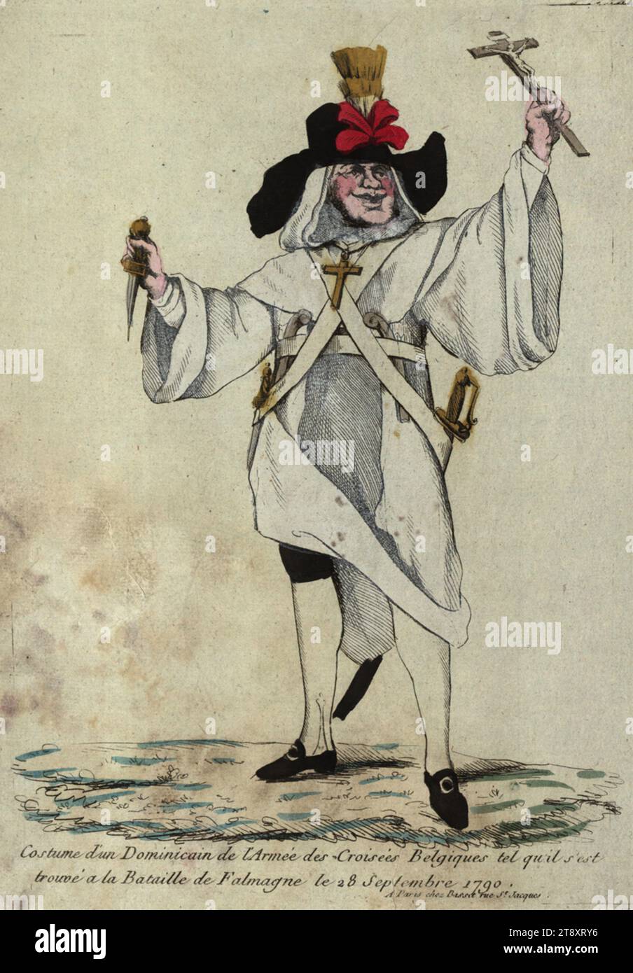 Ein Dominikaner in der belgischen Armee in der Schlacht von Falmagne (Karikatur), André Basset (1759-1829), Verlag, 1790, Papier, farbig, Kupferstich, Plattengröße 25, 2 x 18, 2 cm, Bogengröße 26, 2 x 18, 9 cm, Unterlage 27, 3 x 20 cm, Inschrift, mi. u.: Costume d'un Dominicain de l'Armée Croisées Belgiques tel qu'il s'EST, trouvé à la Bataille de Falamagne le 28 September 1790; R. u.: A Paris chez Basset rue St. Jacques, Religion, Krieg und Krieg, Karikatur, Satire, Widerstand, Organisation, Beamte und Würdenträger in der römisch-katholischen Kirche; Klerus im Allgemeinen, man. Stockfoto