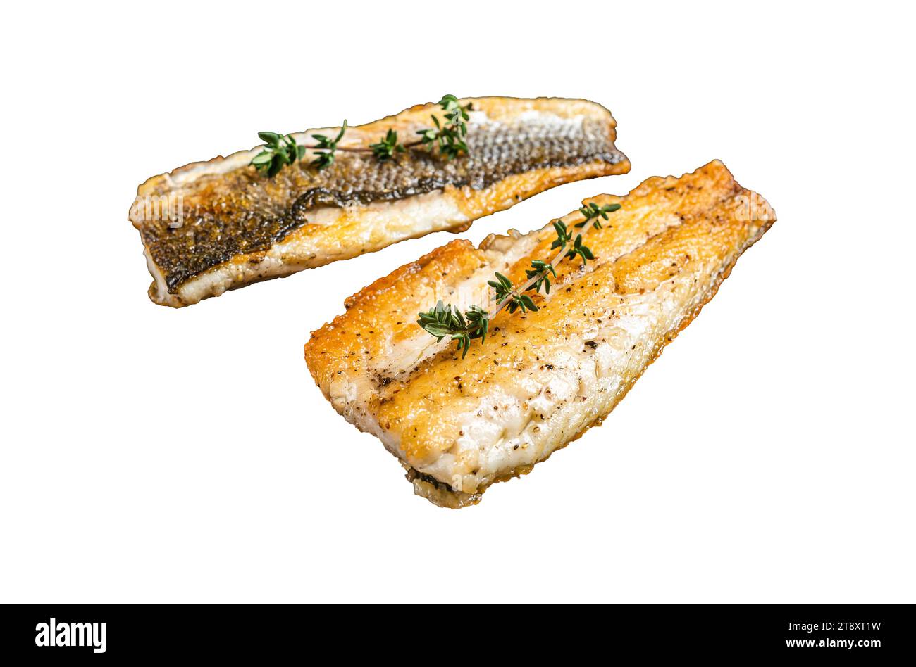 Gegrilltes Wolfsbarschfilet mit Limette und Thymian. Isolierter, weißer Hintergrund Stockfoto