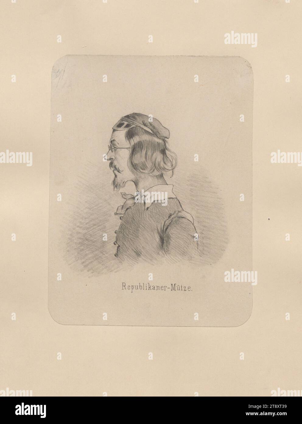 Republikanische Cap.“ (Vorzeichnung für die Serie 'Chronologie der Kopfbedeckung'), Anton Zampis (1820-1883), Zeichner, 1848, Papier, Bleistiftzeichnung, Höhe 21 cm, Breite 15,9 cm, Bildende Kunst, 1848er-Umdrehungen, 1849, Kopfbedeckung. Die Wiener Sammlung Stockfoto