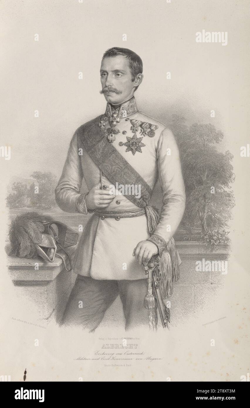 ALBRECHT; Erzherzog von Österreich, Militär- und Zivilgouverneur von Ungarn.", Miklós (= Nikolaus) Barabás (Barabas) (1810-1898), Künstler, Reiffenstein & Rösch, Drucker, F. Paterno, Verlage, datiert ca. 1850-1860, Papier, Lithografie, Höhe 50,2 cm, Breite 34,4 cm, Inschrift 'nach d. Natur gez. u. lith. v. N. v. Barabas.", "Verlag u. Eigenthum v. F. PATERNO in Wien.", "Druck v. Reiffenstein & Rösch.", Bildende Kunst, Habsburger, Adel, Nachlass Constantin von Wurzbach, Porträt, Mann, (Militär-)Uniformen., Sammlung Wien Stockfoto