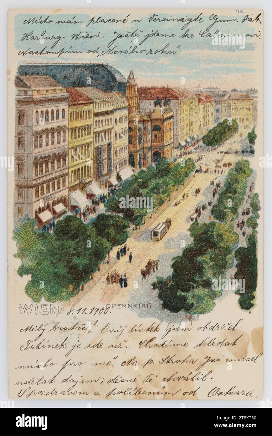 Wien. Opernring., fragwürdig:, 1900, beschichtete Pappe, beschichtete Pappe, Farblithographie, Farblithographie, Inschrift, AUS Wien Opernring, NACH, Praha (Prag), ADRESSE, Velectěný Pán, u firmy Luttna & Černý., Praha - Prag. Václavské nám. čís. 43 Böhmen, BOTSCHAFT, Místo mám placené u United Gumm. Fabelhaft Harburg - Wien. Ještě jdeme ke Calmonovi. Nastoupím od 'Nového roku'., 8,11. 1900, Milý bratře! Tvůj lístek jsem obdržel. Tatínek je zde už. Chodíme hledat místo pro mě. Na p. Stroha jsi musel udělat dojem; děsně Tě chválil. S pozdravem a políbením od Oskara Stockfoto