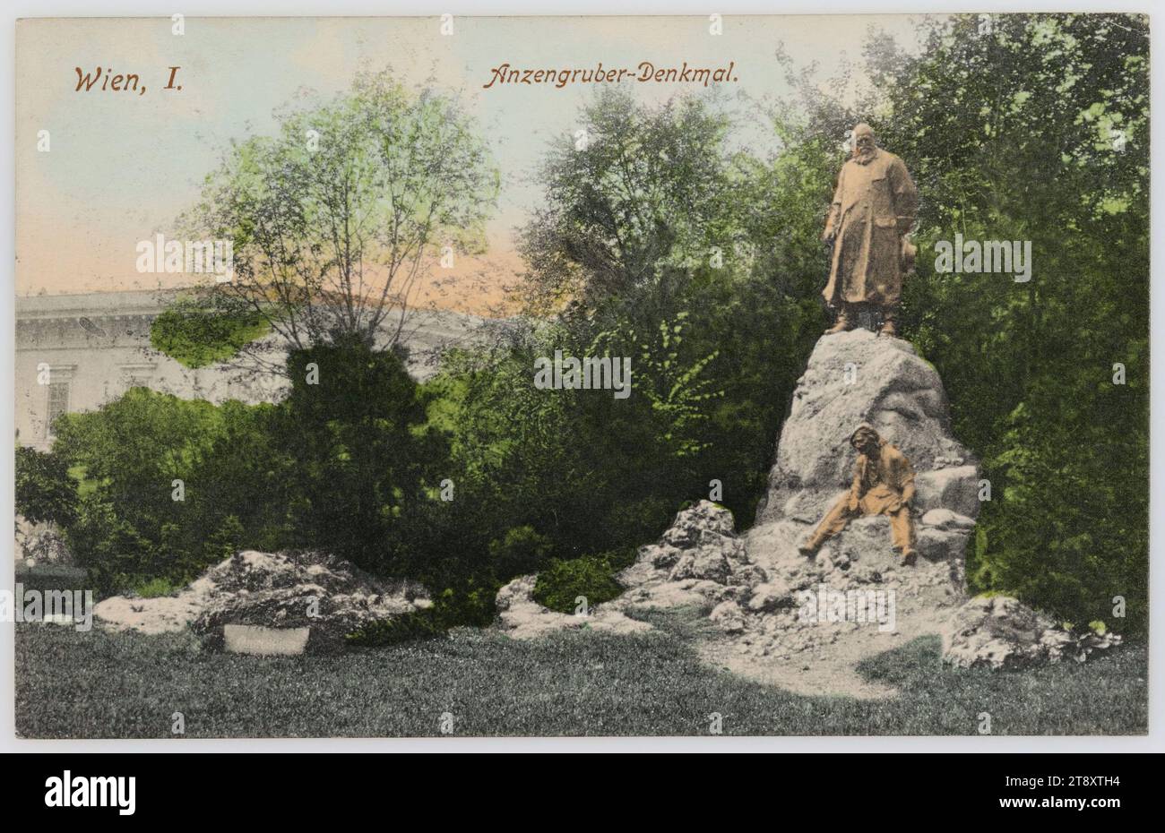 Wien, I.. Anzengruber Denkmal, Wolf, Vereinigte Kunstanstalten, Wien, Produzent, Datum um 1906, Karton, handkoloriert, Kollotype, Inschrift, AUS RICHTUNG Wien I.. Anzengruber Denkmpl., NACH Wien III, ADRESSE, Fräulein, Wien VIII., Buchfeldg 17, BOTSCHAFT, lieber Mizzi, vielen Dank für Ihre freundlichen Worte! Da ich gestern und heute eingeladen wurde, kann ich nur morgen, Freitag, kommen, um dich vor deiner Abreise zu sehen. Auf Wiedersehen und bis dahin grüßen Sie und Ihre herzlich Hermi( ne?), Bildende Künste, Literatur, Medien und Kommunikation, Postkarten mit Transliteration Stockfoto