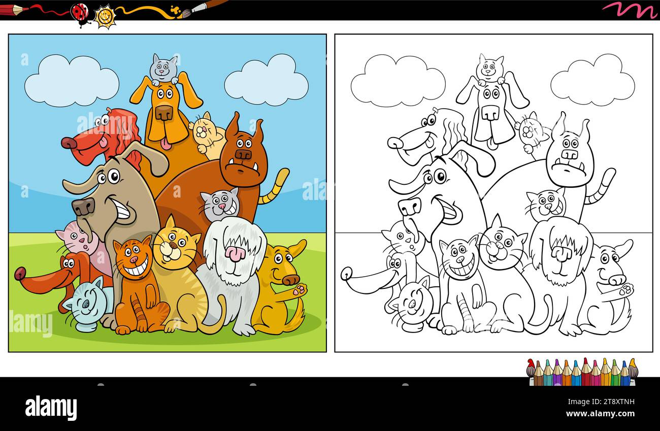 Cartoon-Illustration von Katzen und Hunden Tierfiguren Gruppe Ausmalseite Stock Vektor