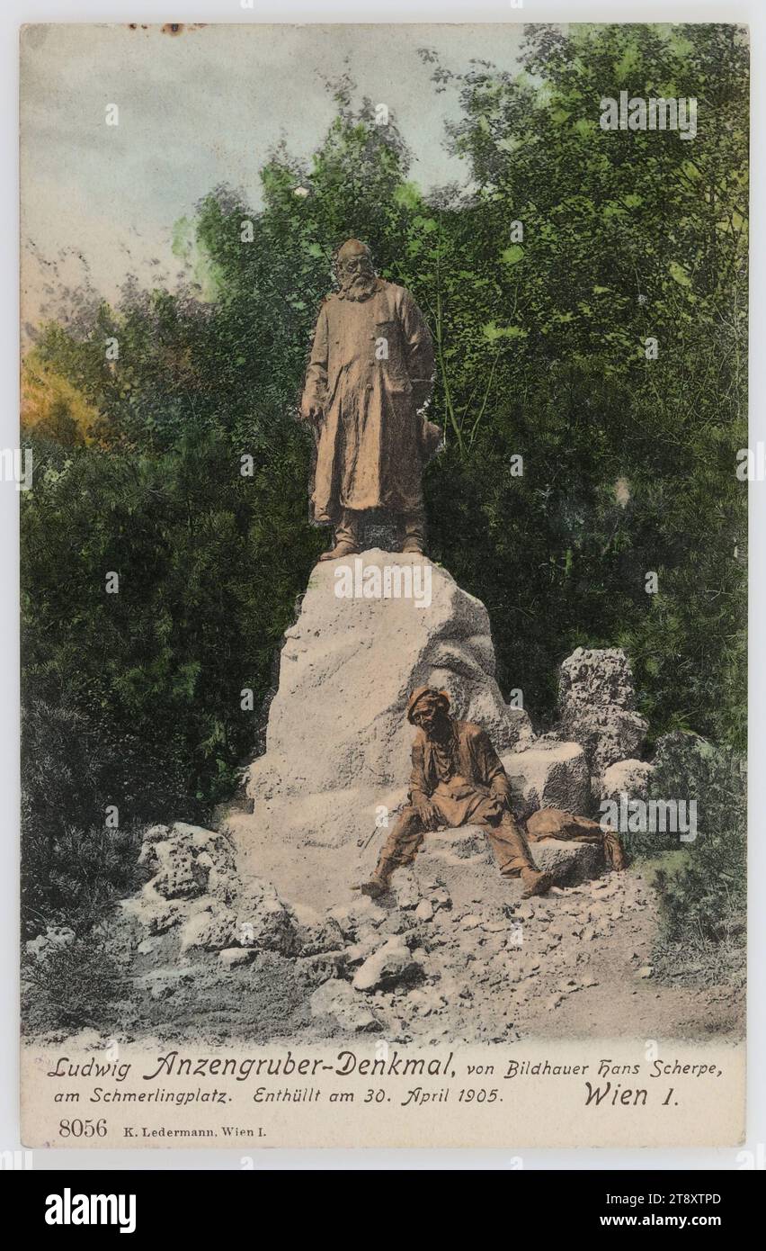 Ludwig-Anzengruber-Denkmal des Bildhauers Hans Scherpe am Schmerlingplatz. Enthüllt am 30. April 1905, Wien I., Carl (Karl) Ledermann jun, Produzent, 1906, Pappe, handkoloriert, Kollotypie, Inschrift, VON, Wien, NACH, Graz, ANSCHRIFT, Hochwohlgeboren Herr K.u.k.Oberst, Gratz, Waßtlergasse Nr. 3. II Stock, NACHRICHT, 11, 1 1906, sehr geehrter Ernst, alles Gute für Ihren Namenstag morgen, die besten Wünsche von Zuhause nach Hause, Bildende Kunst, Literatur, Medien und Kommunikation, Postkarten mit Transliteration, Bezirk: innere Stadt, Denkmal, Statue, Skulptur, Handschrift, schriftlicher Text Stockfoto