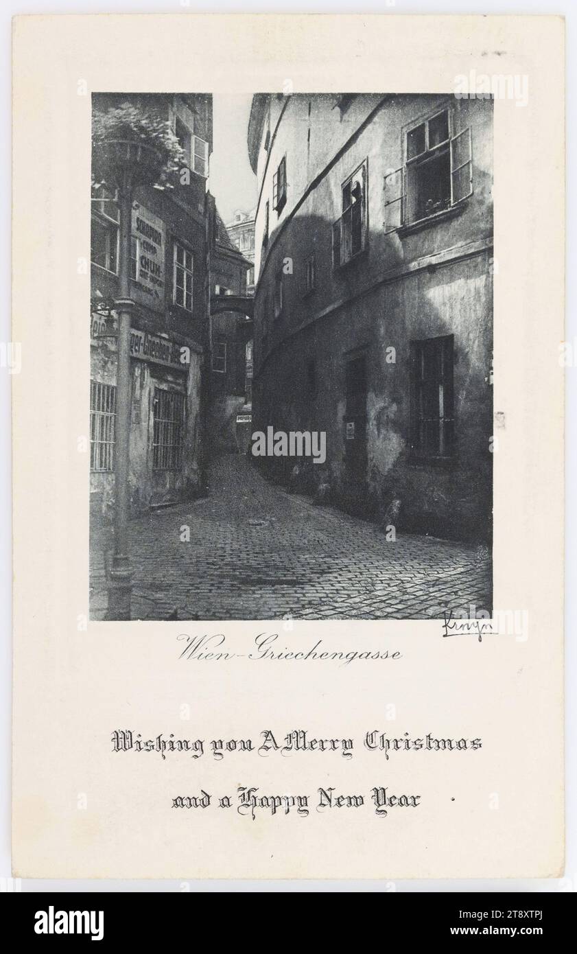 Wien - Griechengasse. Wishing you a Merry Christmas and a Happy New Year, Unknown, 1935, Pappe, Fototruck, Inschrift, VON Wien NACH Rom, ANSPRACHE, Signorina, Roma, Via prinicipessa Clotilda 7, [], BOTSCHAFT, 22.XII.35, sehr geehrte Annerl, ich habe mir gerade dein liebenswertes Geschenk gebracht und ich danke dir ganz aufrichtig. Du wirst nicht glauben, dass ich es brauchte, weil mein Beutel zerfetzt ist. Hast du es am Ende selbst bearbeitet? Dann noch mehr meine Bewunderung. Alles Gute für die Weihnachtstage und das neue Jahr, das hoffentlich ein Wiedersehen bringt. Mit freundlichen Grüßen Marianne [berg] Stockfoto
