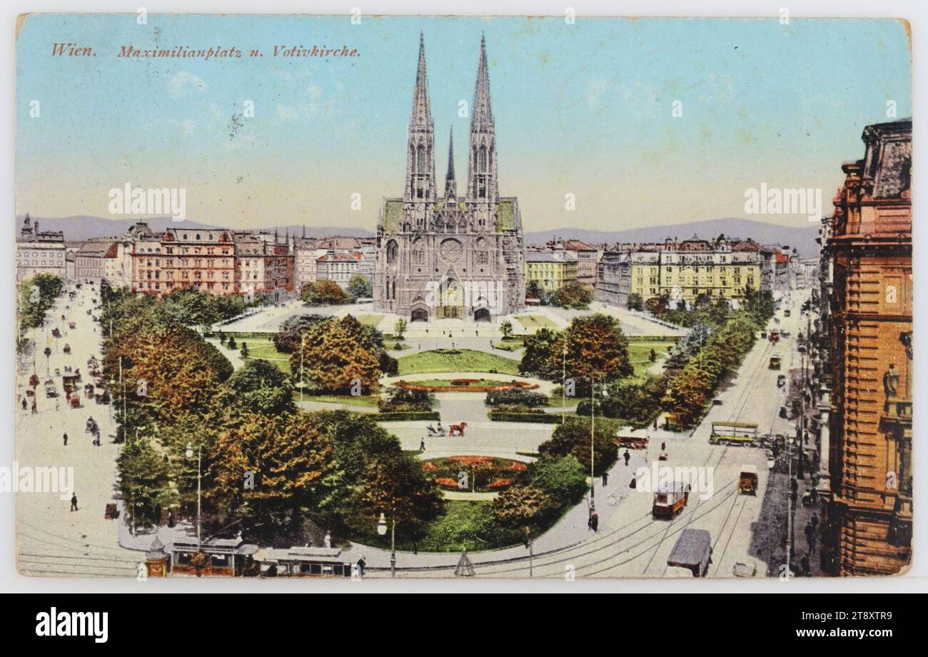 9., Rooseveltplatz (früher Maximilianplatz) - mit Votivkirche, Ansichtskartel, Deutsch's Postkartenverlag, Produzent, 1915, beschichtete Pappe, Fotochrom, Info, Text, mehr im Wien Museum Magazin-Beitrag, 'Leere und Fülle. Fallstudie Maximiliansplatz'', Inschrift, VON, Judenau, NACH, Reichenberg, ANSCHRIFT an Fraulein, Frau Ladegasse Nr. 31 Reihenberg Bohemia [Reichenberg, jetzt Liberec, Bohemia, ANM] am 15. 5 1915, NACHRICHT, [Name] Alois K.K. Landsturm bat. 82. I. Komp. 4. Zug in klein Staasdorf Post. Tulln Grus vom uns beite Emili und Alois [Name], Attraktionen Stockfoto