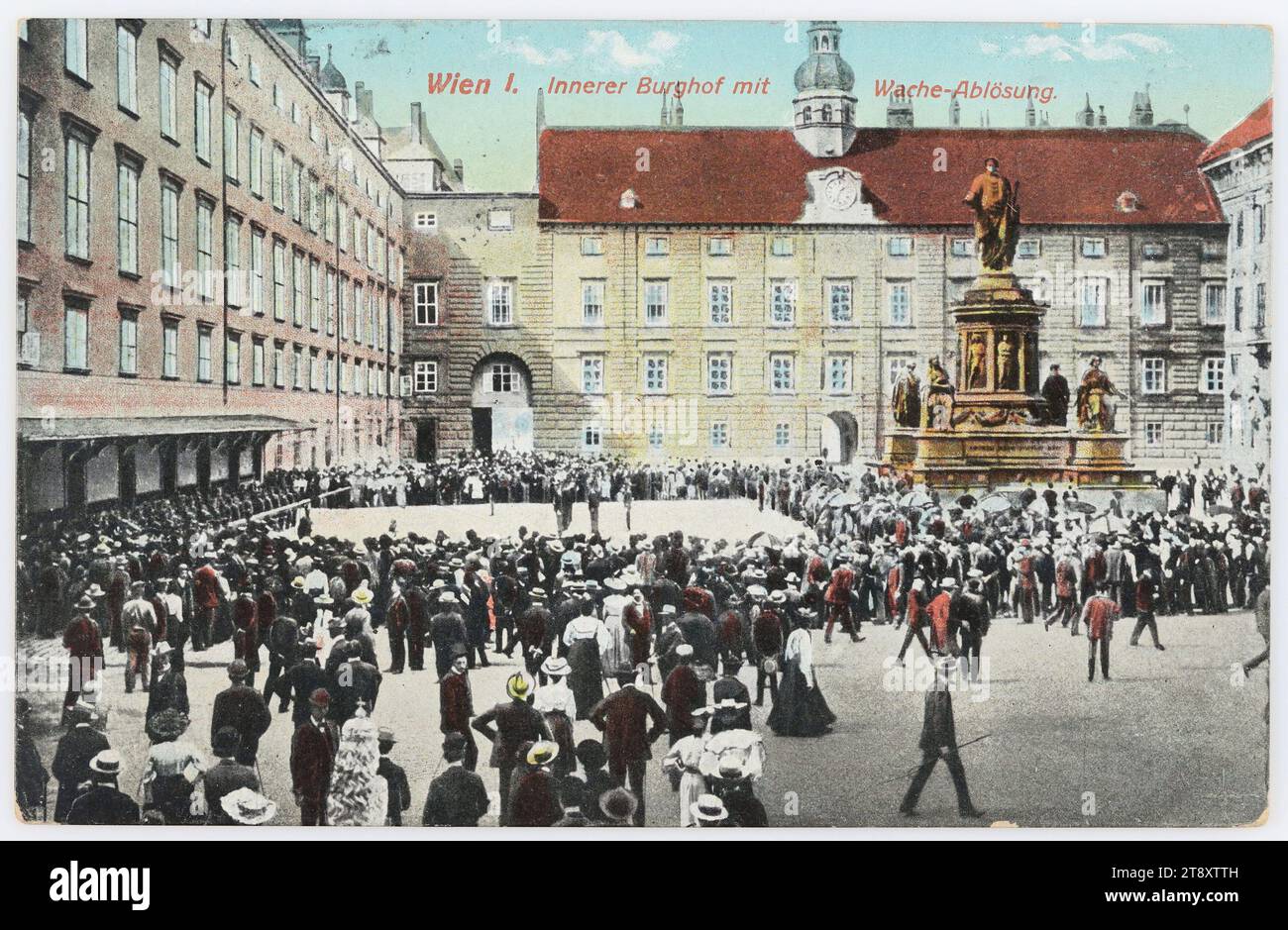 Vienna I., Innerer Burghof mit Wache-Ablösung, Verlag Anton Böhm, Wien (A. B. & Co., Wien), Produzent, 1913, beschichtete Pappe, Autochrom-Druck, Höhe x Breite: ca. 9x14 cm, Inschrift, VON, [?], BIS, Budapest, ANSCHRIFT, Wohlgeborenen Herr [Name] R. U. k. u. k.. Herg. Inf. Regmt. Nr. 3 Budapest, NACHRICHT, [Tschechisch] Milý Příteli! Přijmi srdečný pozdrav a dík za lístek. Odpusť, že tak dlouho jsem nepsal, byl jsem zaměstán. JAK se daří? Co nového? Piš, bude mě velice těšiti řádka od Tebe. Pozdrav od Šnejdárka a Poláka a.t.d., Zdraví Tě Tvůj přítel [podpis] Na Zdar! Piš!!!! Stockfoto