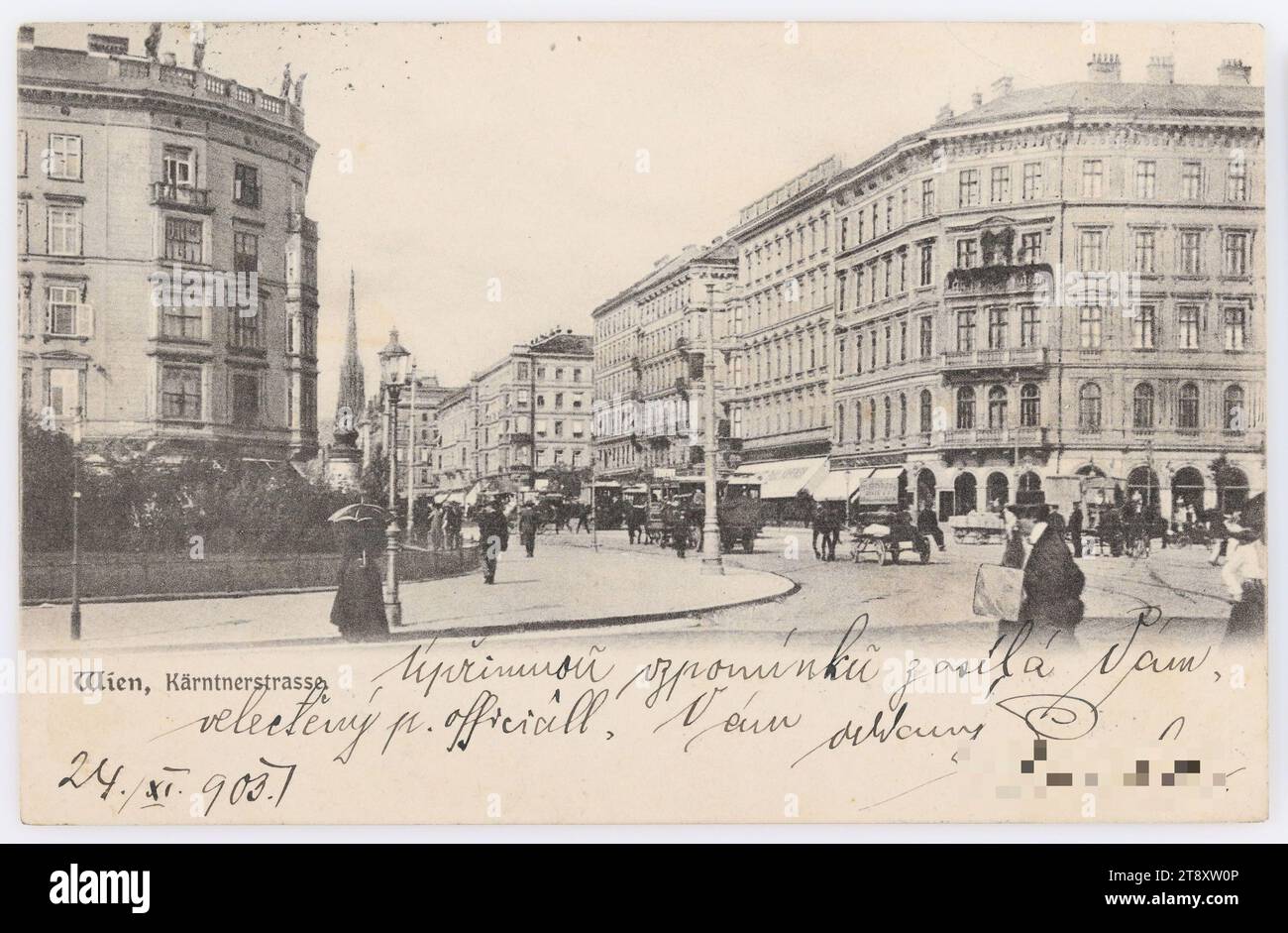 Wien, Kärntnerstraße, Deutsch's Postkartenverlag, Produzent, 1903, Karton, Kollotypie, Inschrift, AUS Wien, AN, Tábor, ANSPRACHE, Hochwohlgeborener Herr P. t. Offizial der k.k. Staatsb. [Name] Tábor Böhmen, Bahnhof, MESSAGE, Úpřimnou vzpomínku zasílá Vám, velectěný P. officiáll, Vám oddaný [podpis], 24., XI 903, Eine aufrichtige Erinnerung schickt Euch, lieber Offizial, Eure hingebungsvolle Unterschrift, 24., XI 903, St. Stephansdom, Medien und Kommunikation, Postkarten mit Transliteration, 1. Bezirk: Innere Stadt, Straße, das übliche Haus oder die Reihe von Häusern, Haus kombiniert mit Geschäft Stockfoto