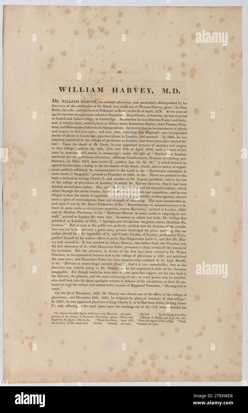 WILLIAM HARVEY, M. D.', Thomas Birch (1705-1766), Auteur, 1813, Papier, Druck, Höhe 49, 9 cm, Breite 31, 8 cm, Nachlass Constantin von Wurzbach, Biografie (Text), Sammlung Wien Stockfoto