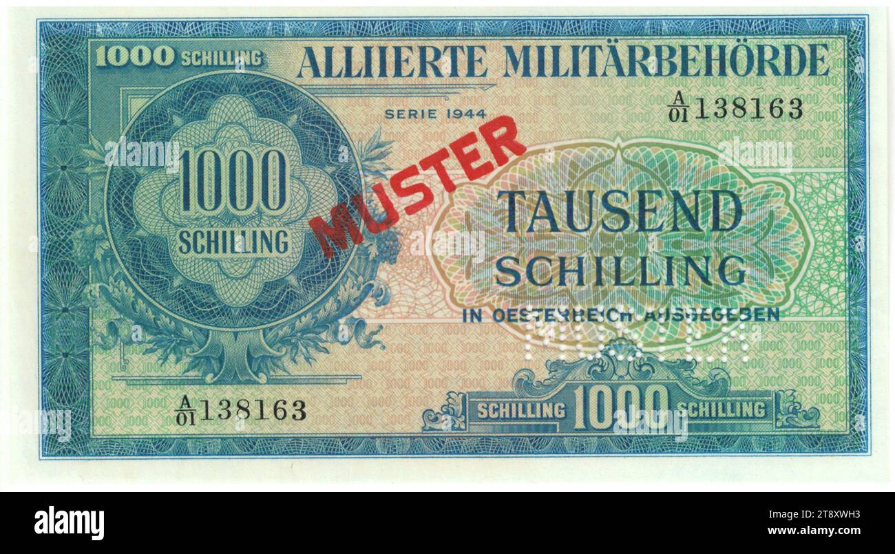 Banknote, 1000 Schilling, alliierte Militärbehörde (1945-1955), Münzanstalt, 1944, Papier, Druck, Höhe 85 mm, Breite 151 mm, Mint, England?, Mint Territory, Österreich, 2. Weltkrieg (1933-1945), 2. Weltkrieg, Finanzen, Banknote, Geld, Die Wiener Sammlung Stockfoto