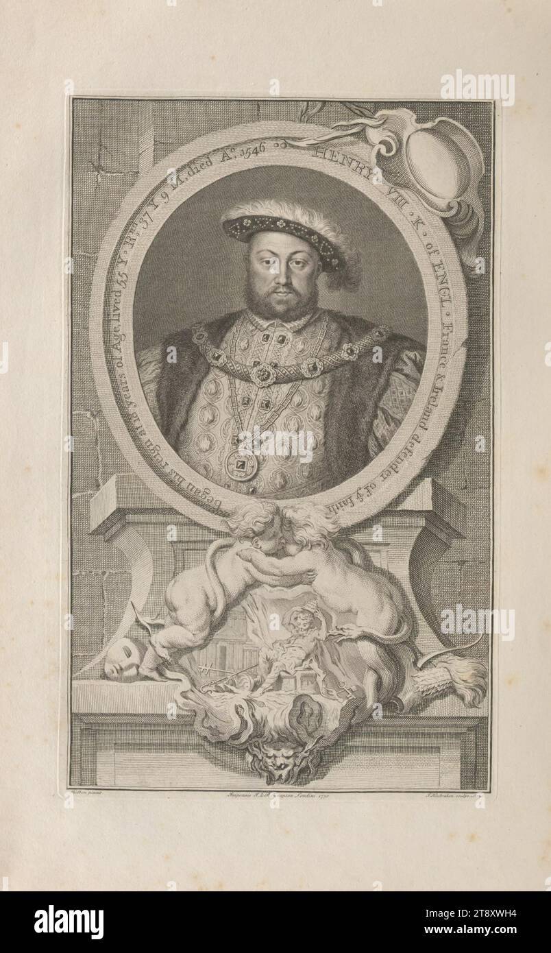 HENRY VIII K von engl Frankreich & Irland Verteidiger des Glaubens begann seine Herrschaft mit 18 Jahren, lebte 55 Y RND 37 Y 9 M, starb Ao, 1546', 1750, Papier, Kupferstich, Höhe 50 cm, Breite 32, 5 cm, Plattengröße 37, 2 x 22, 7 cm, Inschrift, J. Houbraken Sculps. Amst.“, „Holben (sic!) Pinxit.“, „Impensis J. & P. Knapton Londini 1750.“, Bildende Künste, Nachlass Constantin von Wurzbach, Portrait, man, Herrscher, Souverän, Die Wiener Sammlung Stockfoto