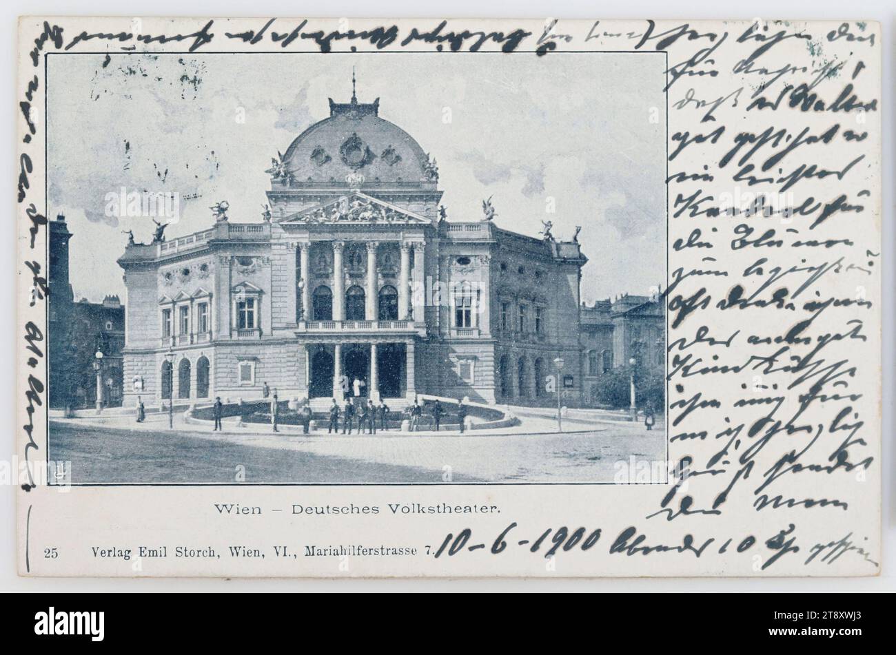 7., Burggasse 2 - Volkstheater, Postkarte, Emil Storch, Produzent, 1900, beschichtete Pappe, Halbtondruck, Beschriftung, AUS Wien 9, 1, AN, Wien 19, 1, ANSCHRIFT, Hochwolgeborn, Frau, Cottage Gasse A 46, Döbling, Villa Dolfi, MESSAGE, 10-6-1900 Abend 10 Uhr geschrieben, Herzlichen Dank für Nachricht, dass es Walter gut geht. Hat er einen leichten Kanderl für die Blumen zum Wasser? Oft danke ich dem guten Kind. Ich küsse ihn aufrichtig für mich, herzliche Grüße an dich. (Ich freue mich darauf, Sie bald wiederzusehen. Gott bewahre den guten Walterl, Theater, Medien und Kommunikation Stockfoto