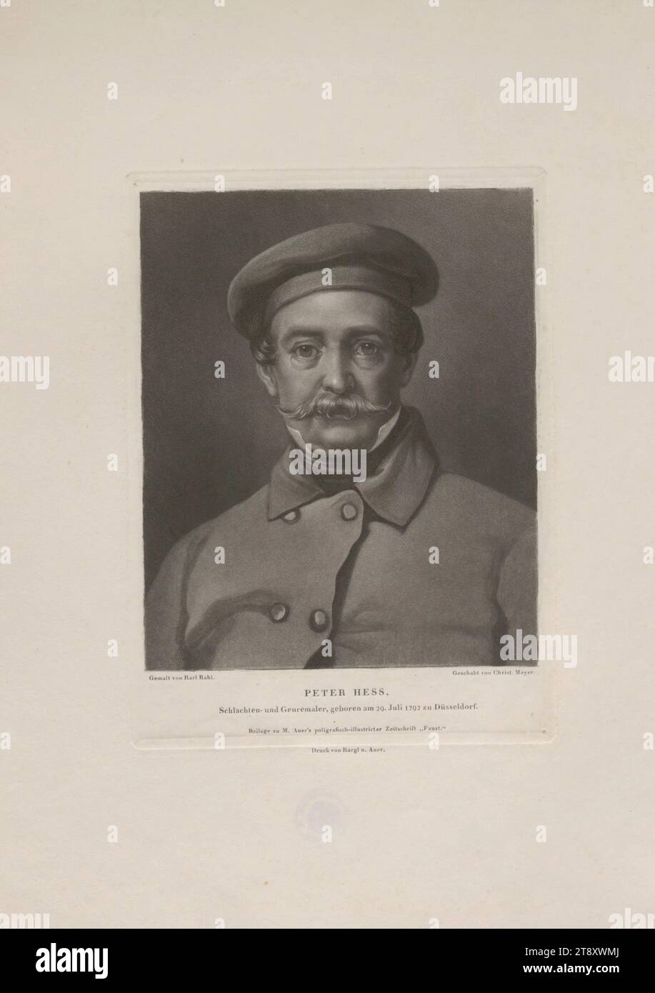 Peter Hess, Schlacht- und Genremaler, geb. 29. Juli 1792 in Düsseldorf ('Beilage zu M. Auers poligrafisch-illustrirter Zeitschrift 'Faust'), Christian Mayer (1812-1870), Mezzotint-Künstler, Datum um 1850-1860, Papier, mezzotint, Höhe 36, 5 cm, Breite 27 cm, Plattengröße 21, 1 x 15, 4 cm, Inschrift: „Gemalt von Karl Rahl.“, „Geschabt von Christ. Mayer.", "Beilage zu M. Auers poligrafisch-illustrirter Zeitschrift 'Faust'.", "Druck von Kargl u. Auer.", Bildende Kunst, Medien und Kommunikation, Nachlass Constantin von Wurzbach, Porträt, Mann, Porträt, Selbstporträt des Malers, wöchentlich Stockfoto