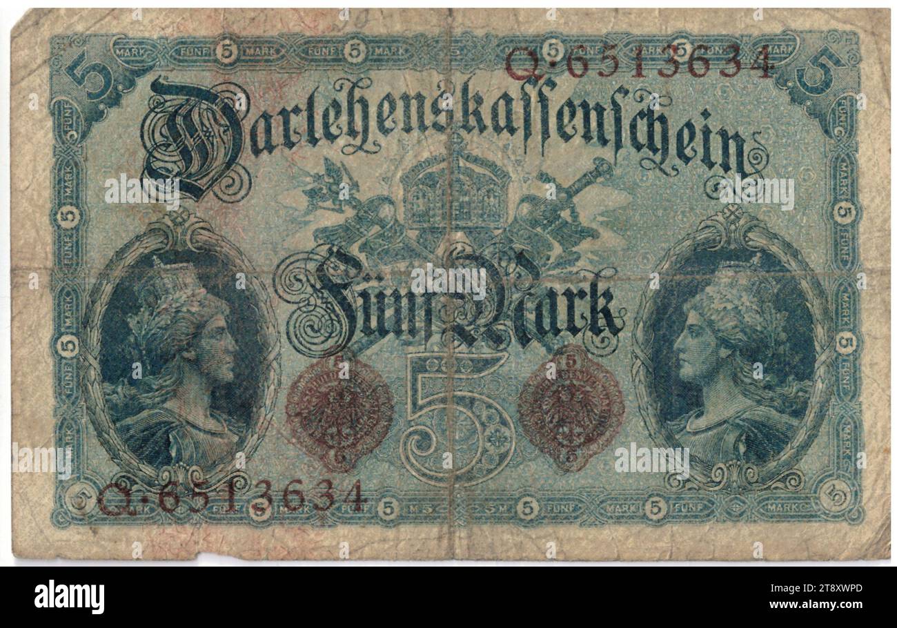 Darlehnskassenschein, 5 Mark, Reichsschuldenverwaltung (1820-1955), Münzanstalt, 05.08.1914, Papier, Druck, Höhe 80 mm, Breite 125 mm, Mint, Berlin, Münzgebiet, Deutsches Kaiserreich (1871-1918), Finanzen, Insignien und Symbole der Souveränität (Krone, Diadem, Zepter, Kugel, Siegel, Standard, Mantel, Brustwappen), Wappen (als Symbol des Staates usw.), Banknote, Geld, die Wiener Sammlung Stockfoto