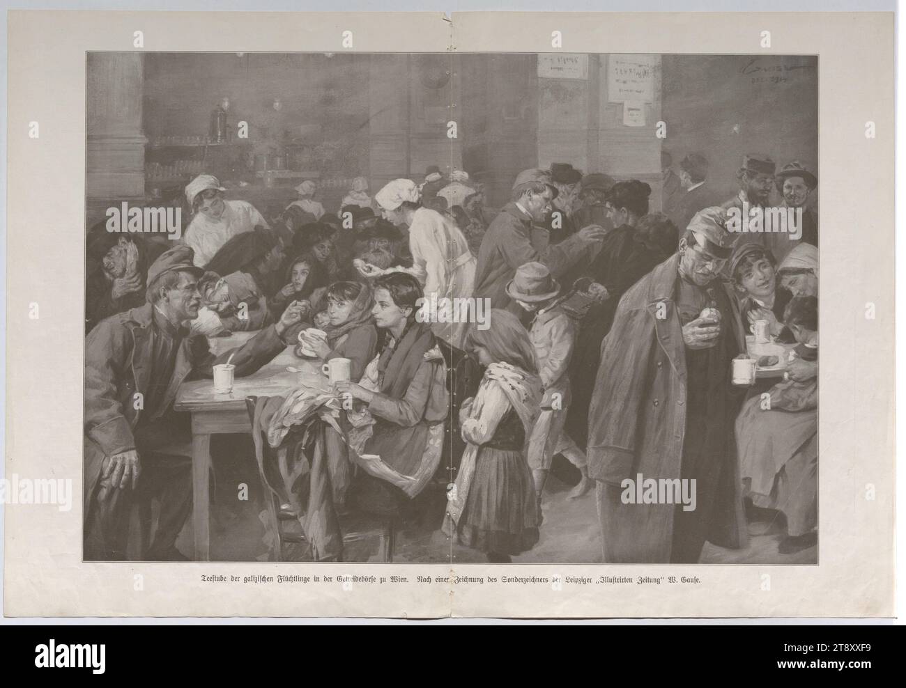 Auszug aus der Leipziger Illustrirten Zeitung Nr. 3741 vom 11. März 1915, Seite 276, 277: Teestube der galizischen Flüchtlinge in der Getreidebörse, 1915, Zeitungspapier, Papier, Druck, Höhe 40, 2 cm, Breite 59 cm, Medien und Kommunikation, 1. Weltkrieg, Krieg und Krieg, Flucht, soziale Wohlfahrt, schöne Kunst, Essen und Trinken, trinken, Zeitung, Nachrichtenblatt, Tee- und Kaffeeservice, die Wiener Sammlung Stockfoto