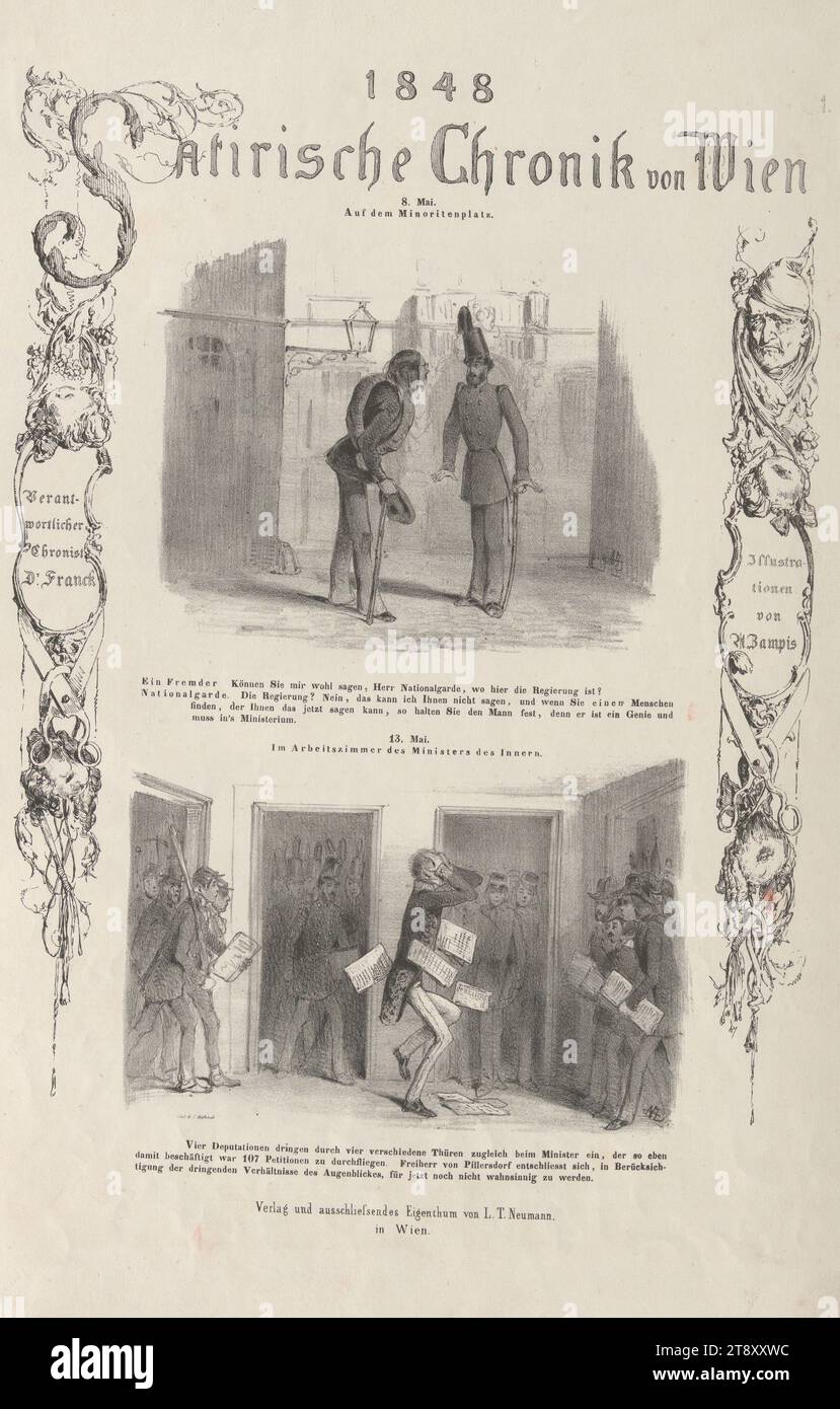 8. Mai auf dem Minoritenplatz. - 13. Mai, in der Studie des Innenministers" (Nr. 1 der Reihe "1848, Satirische Chronik von Wien", Minister Franz Freiherr von Pillersdorf), Franck, Auteur, Anton Zampis (1820-1883), Lithograph, Johann Höfelich (1796-1849), Drucker, Leopold Theodor Neumann (1804-1876), Verlag, 1848, Papier, Kreidelithographie, Höhe 44, 6 cm, Breite 29, 1 cm, Karikatur, Satire, Politik, Revolutionen von 1848, 1849, Minister  Regierung, Die Wiener Sammlung Stockfoto