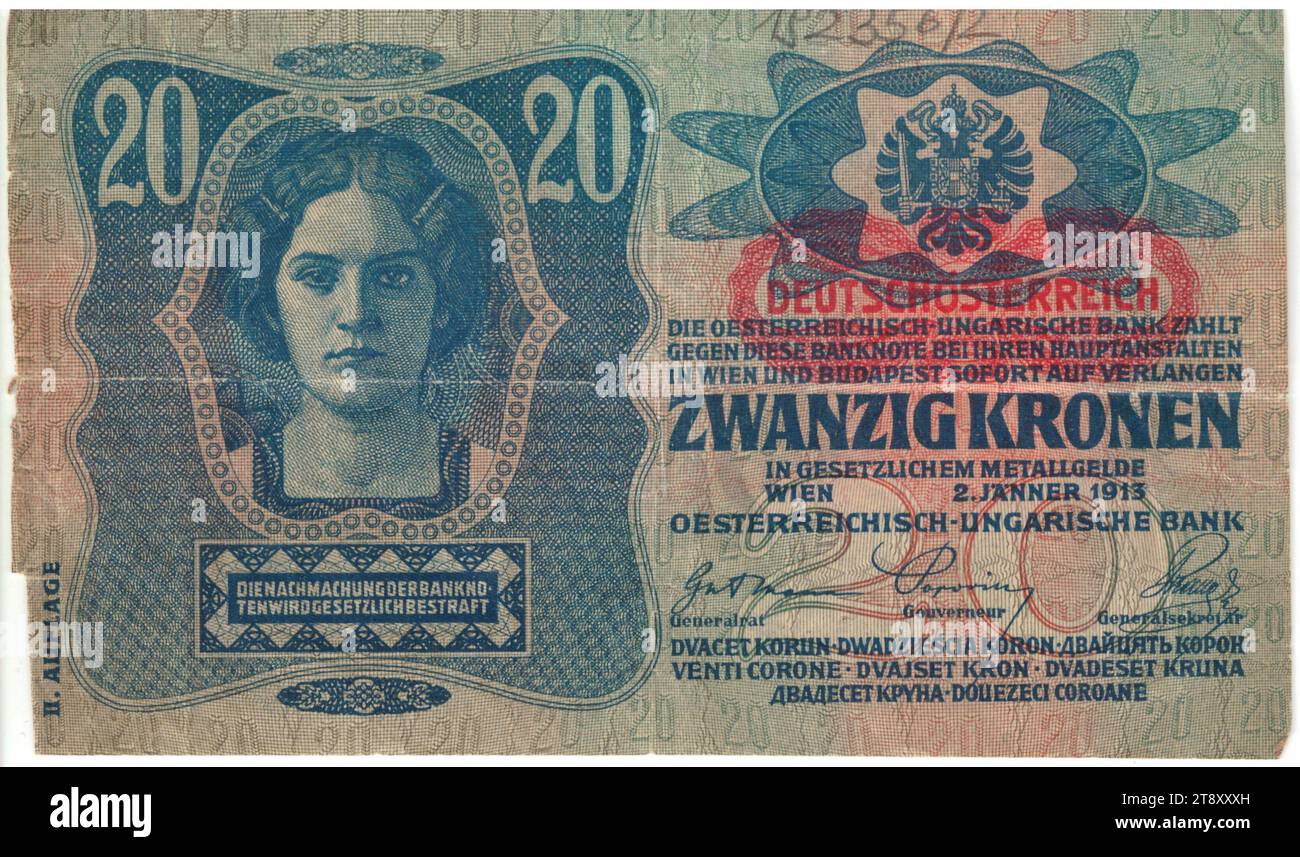 Banknote, 20 Kronen, österreichisch-ungarische Bank, Münzanstalt, Josef Pfeiffer (1864-1915), Künstler, 02.01.1913, Papier, Druck, Breite 150 mm, Höhe 90 mm, Münzstätte, Wien, Münzgebiet, Österreich, 1. Republik (1918-1933), erste Republik, Finanzen, Frau, Wappen (als Staatssymbol usw.), Banknote, Geld, Wiener Sammlung Stockfoto