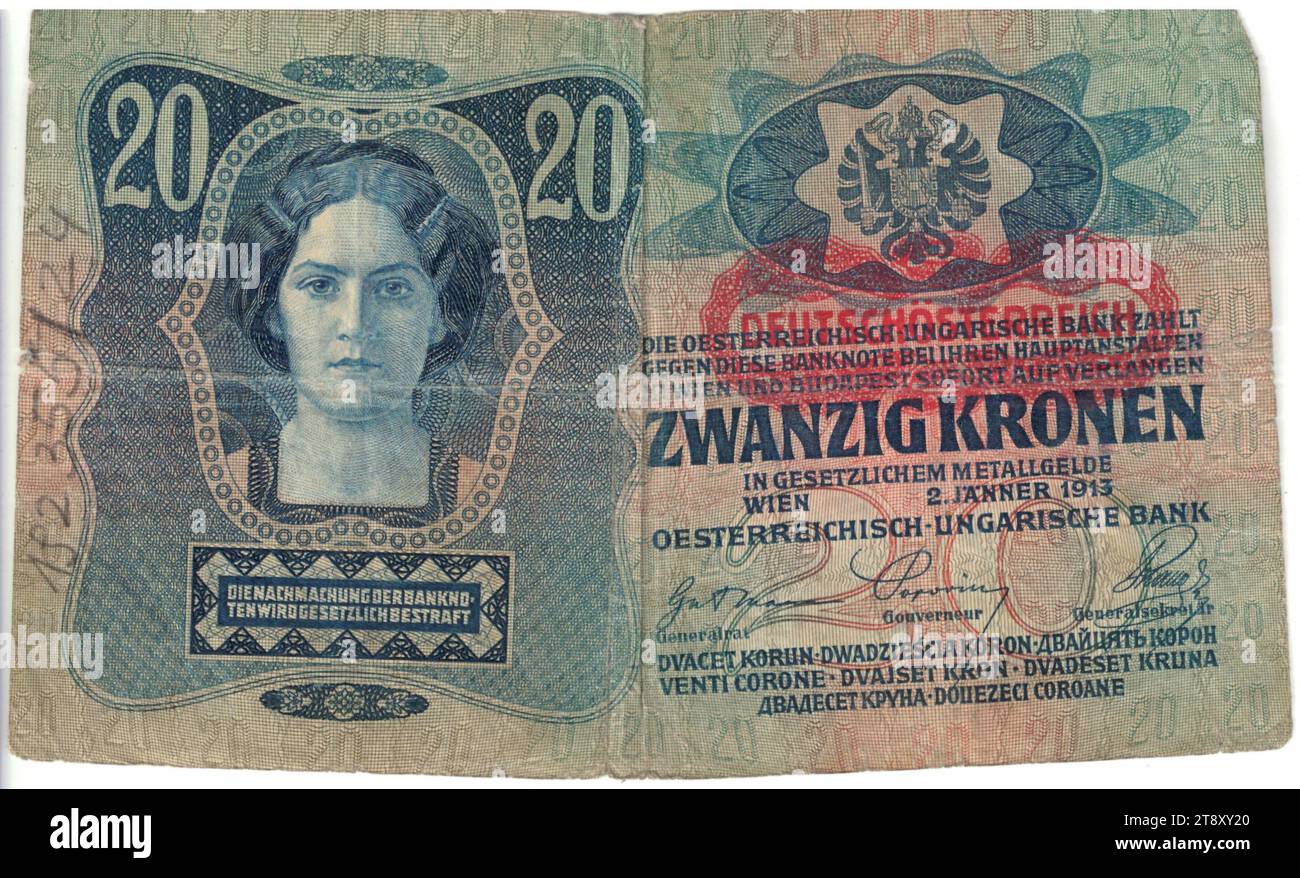 Banknote, 20 Kronen, österreichisch-ungarische Bank, Münzanstalt, Josef Pfeiffer (1864-1915), Künstler, 02.01.1913, Papier, Druck, Breite 150 mm, Höhe 90 mm, Münzstätte, Wien, Münzgebiet, Österreich, 1. Republik (1918-1933), erste Republik, Finanzen, Frau, Wappen (als Staatssymbol usw.), Banknote, Geld, Wiener Sammlung Stockfoto